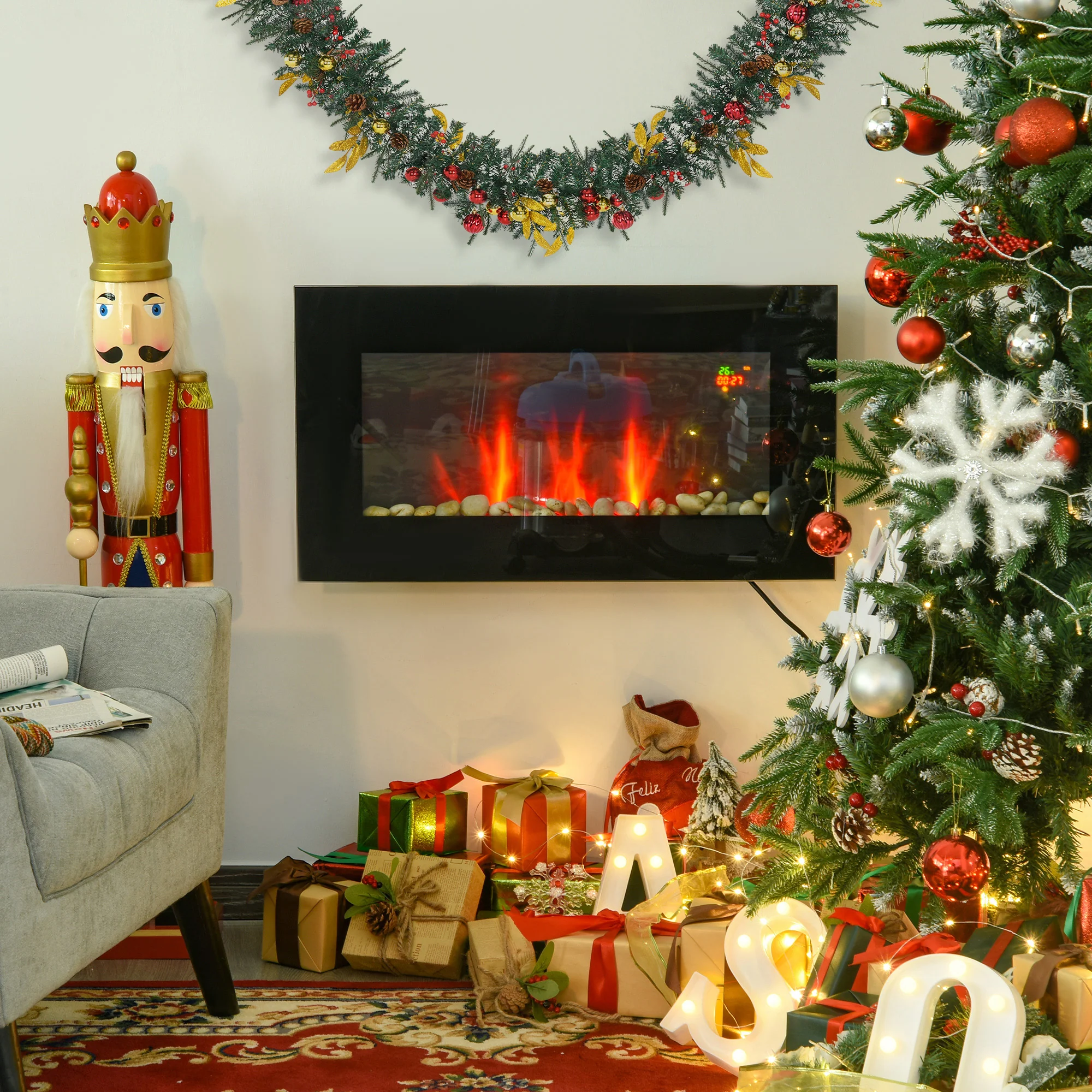1000W/2000W Electric Wall Fireplace w/ LED Flame Timer Remote for Home Heating 20-25m2 - Image 3