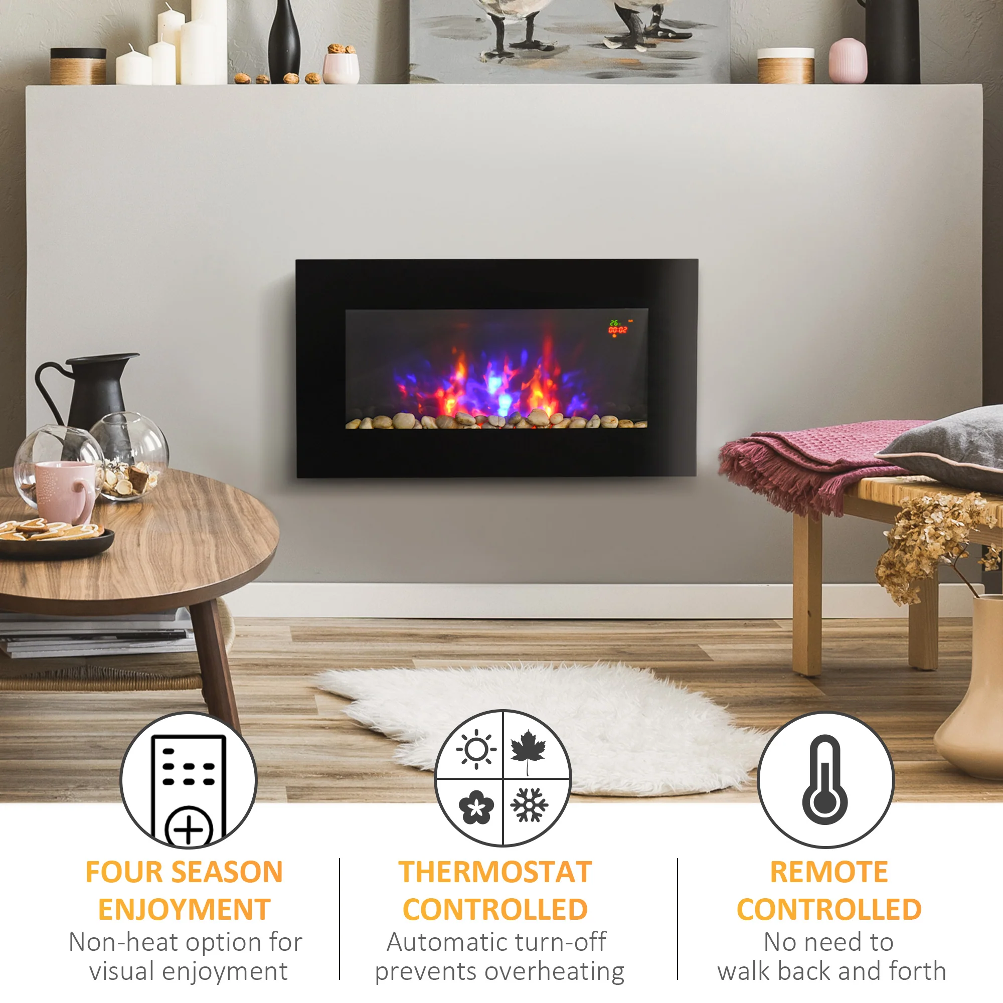 1000W/2000W Electric Wall Fireplace w/ LED Flame Timer Remote for Home Heating 20-25m2 - Image 6