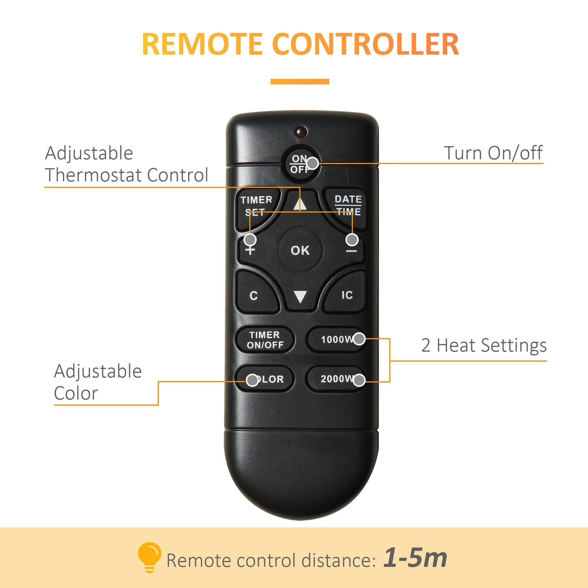 1000W/2000W Electric Wall Fireplace w/ LED Flame Timer Remote for Home Heating 20-25m2 - Image 8