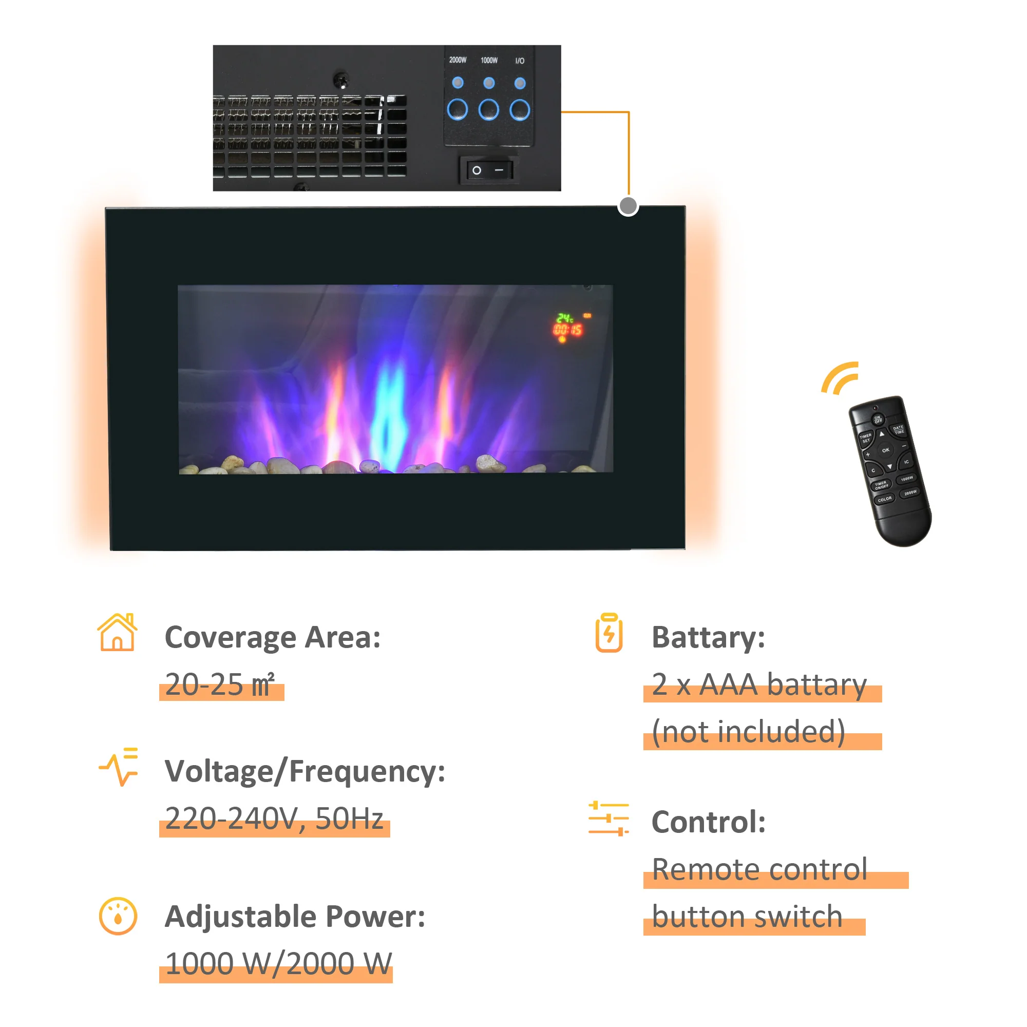 1000W/2000W Electric Wall Fireplace w/ LED Flame Timer Remote for Home Heating 20-25m2 - Image 9