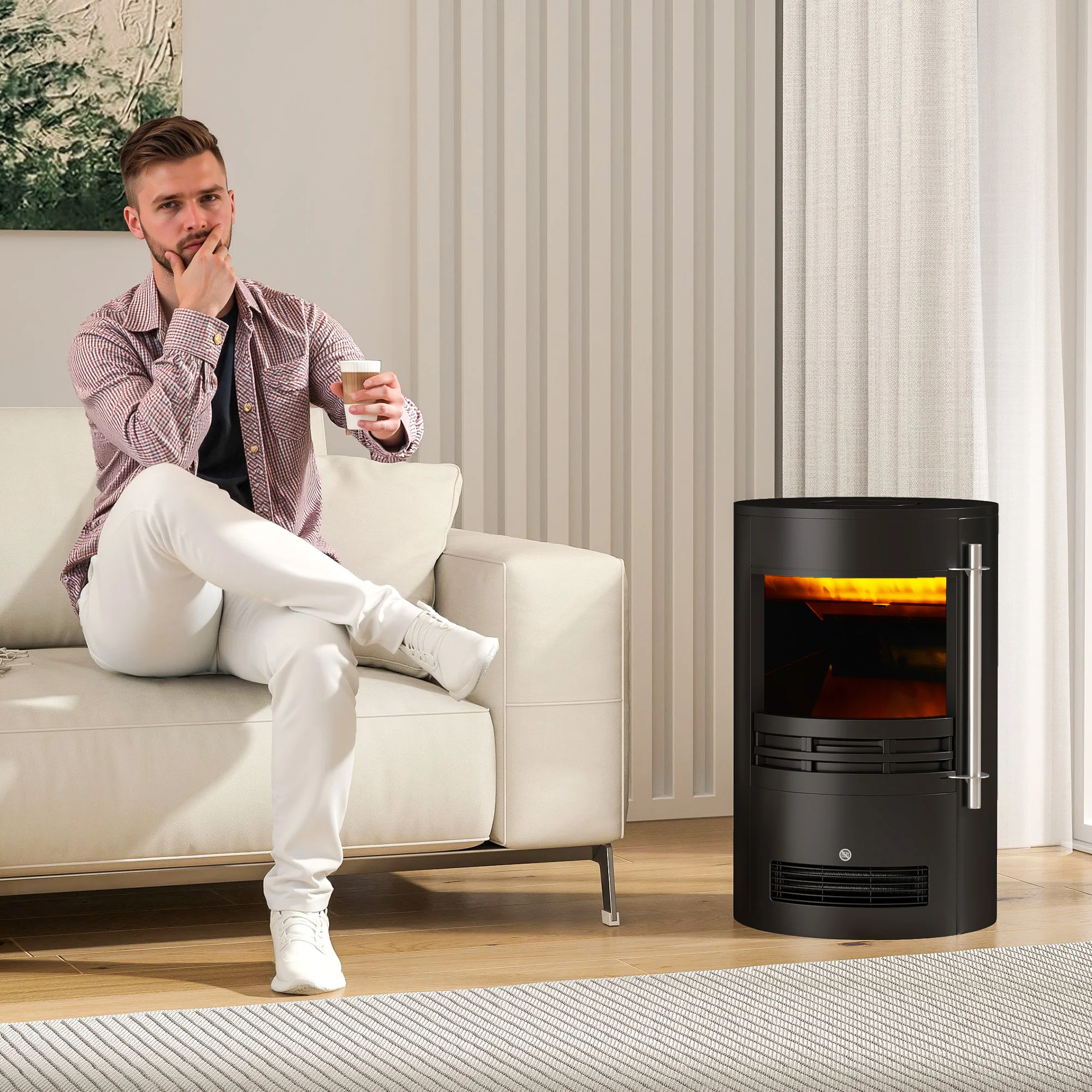 1000W/2000W Freestanding Electric Fireplace with Log Burner Effect Flame, Thermostat Control - Image 4