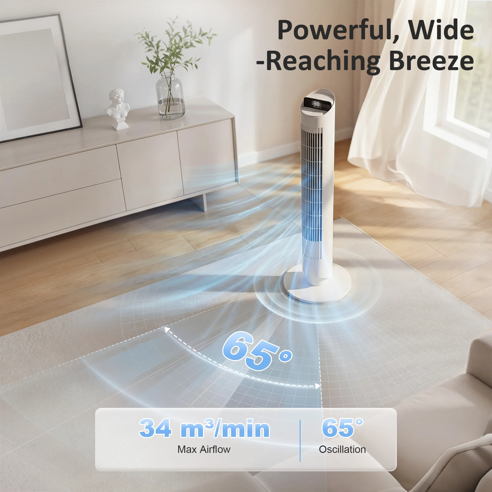 Smart WiFi Tower Fan, Whisper-Quiet Cooling with Touch Control, 65° Oscillating, White - Image 7