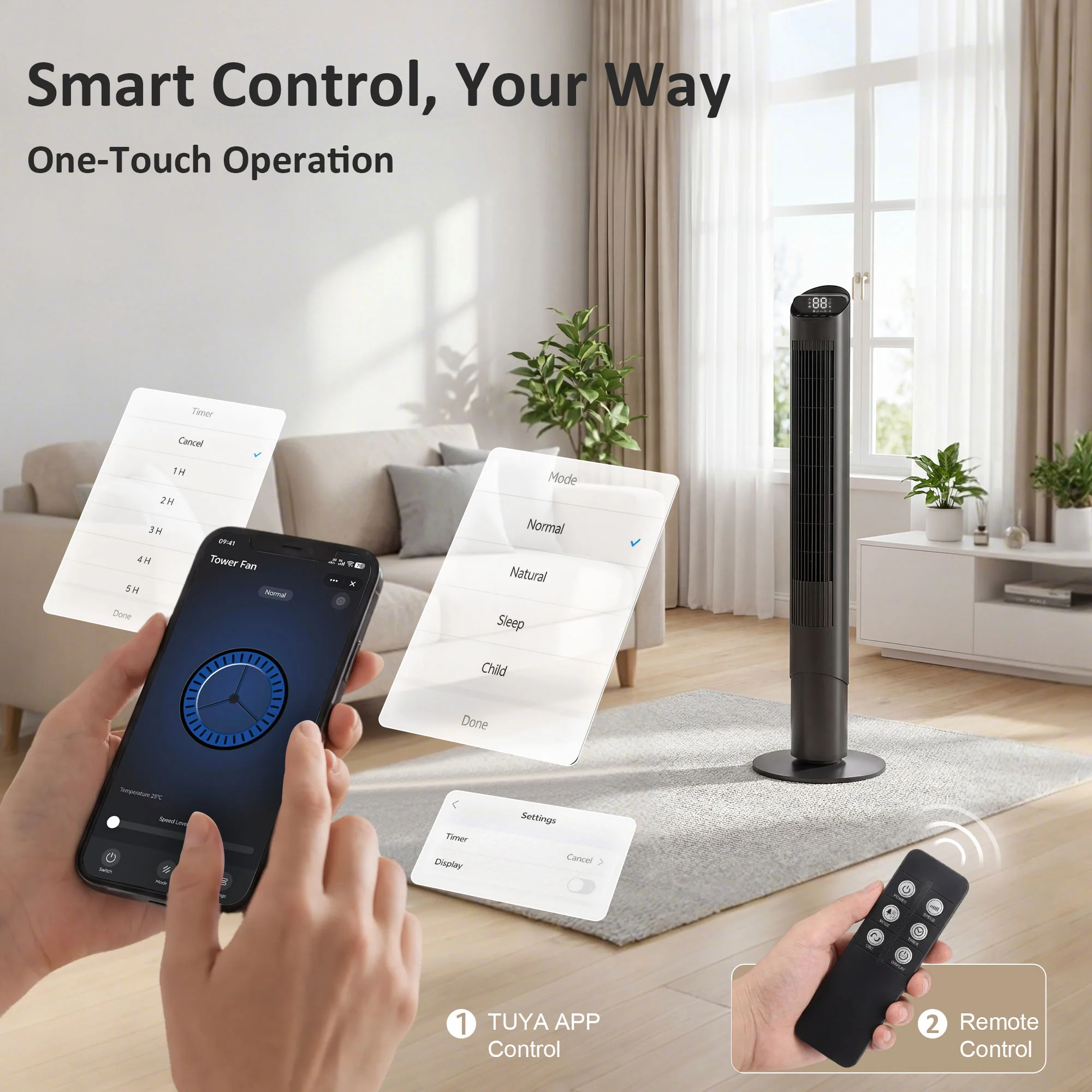 Smart WiFi Tower Fan, Whisper-Quiet Cooling with Touch Control, 65° Oscillating, Black - Image 6