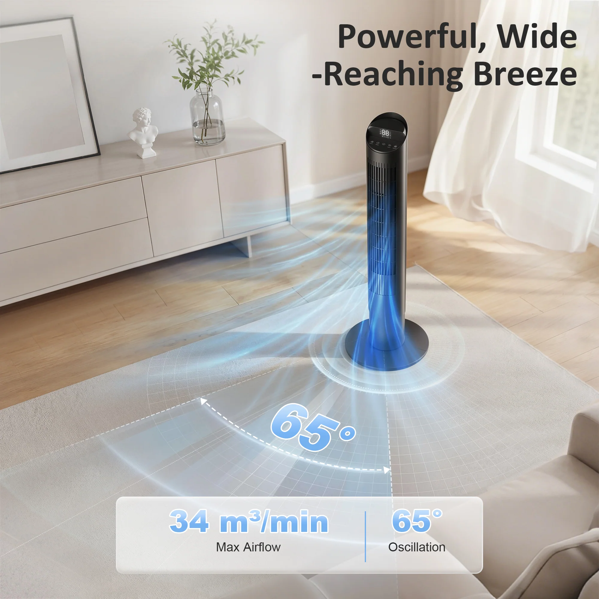 Smart WiFi Tower Fan, Whisper-Quiet Cooling with Touch Control, 65° Oscillating, Black - Image 7