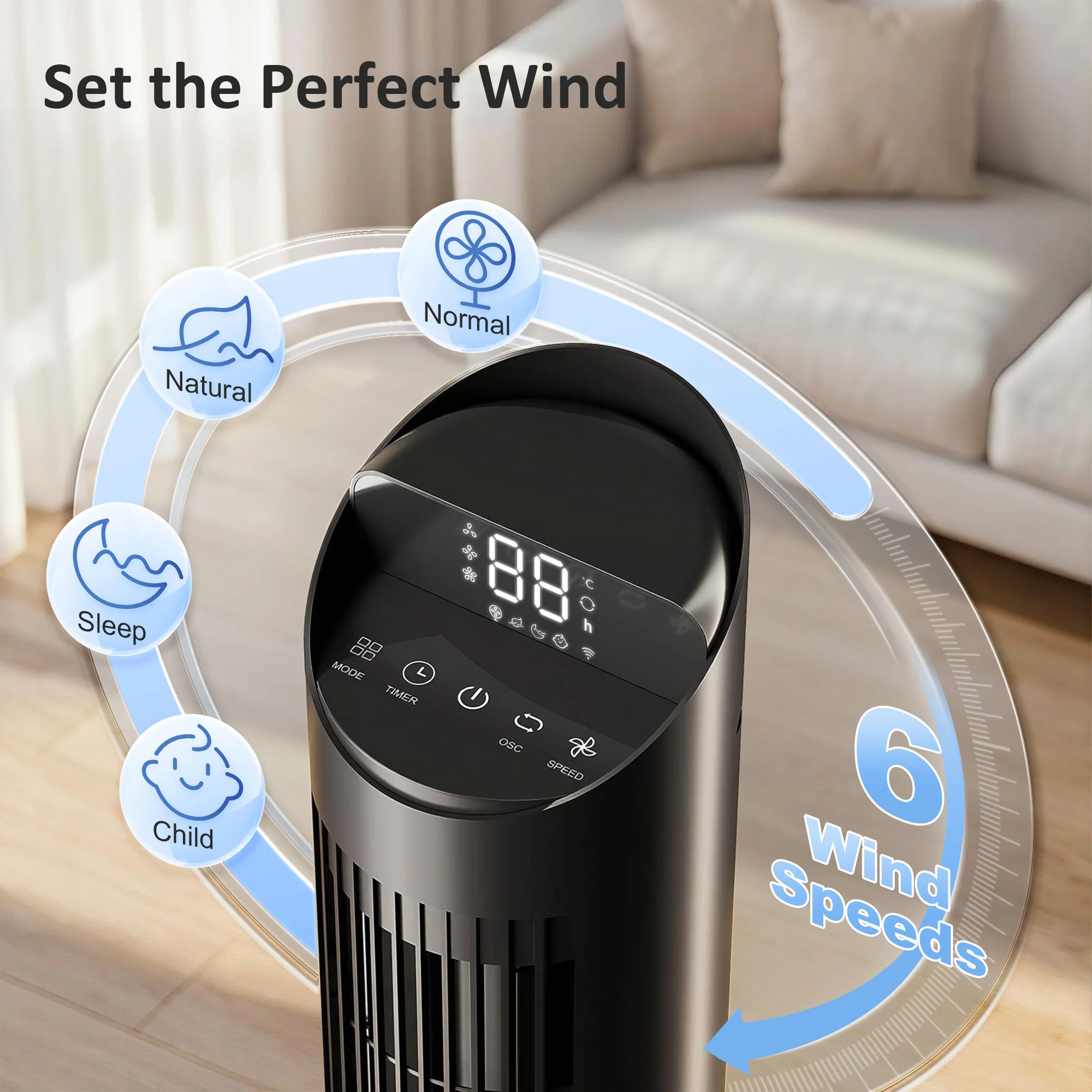 Smart WiFi Tower Fan, Whisper-Quiet Cooling with Touch Control, 65° Oscillating, Black - Image 8
