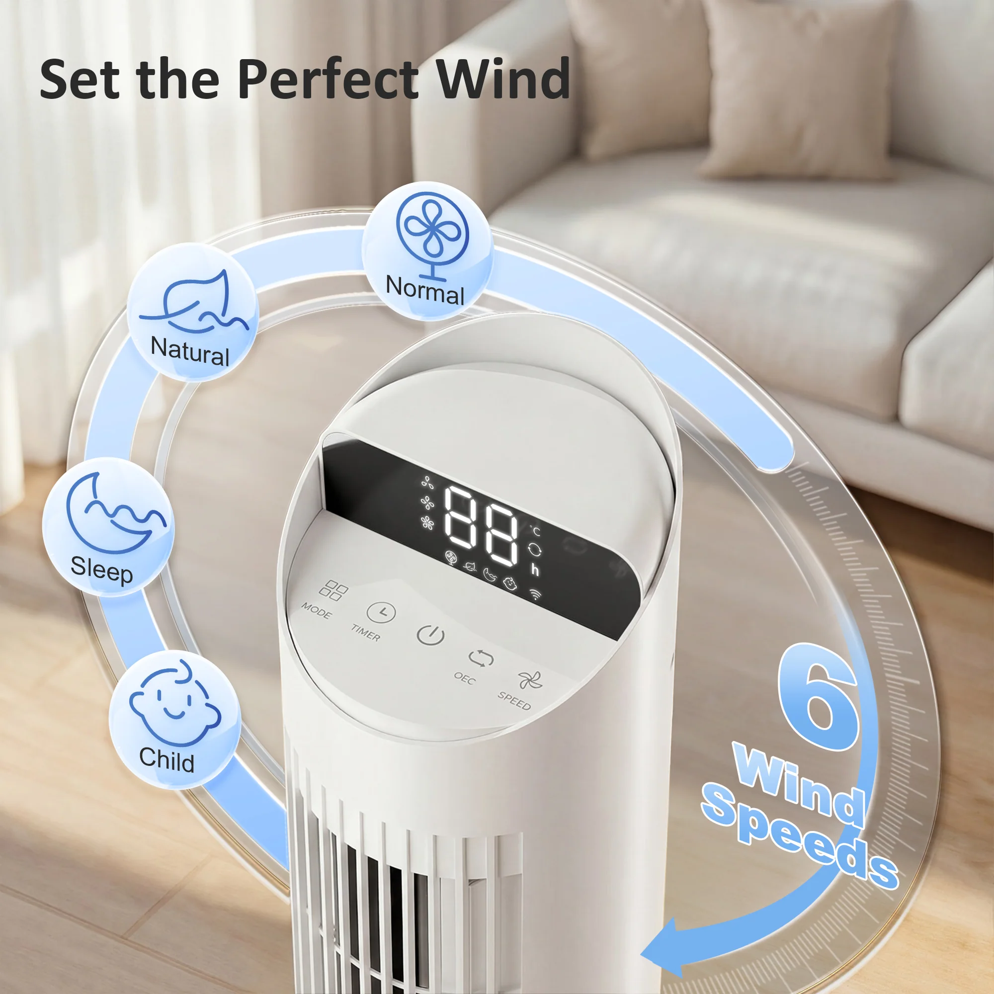 Smart WiFi Tower Fan, Whisper-Quiet Cooling with Touch Control, 65° Oscillating, White - Image 8