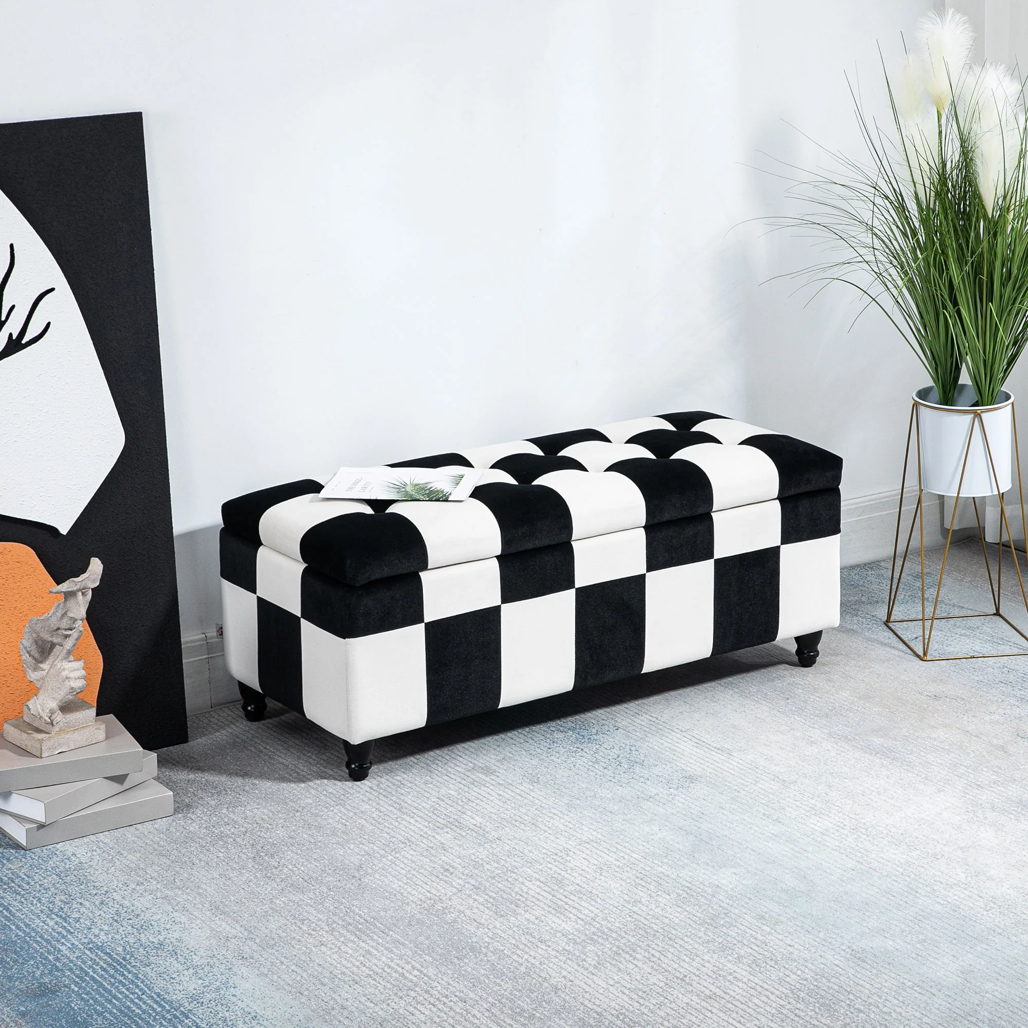 Velvet Storage Ottoman, Button-tufted Footstool Box with Lid, 114 x 47 x 47cm, White and Black - Image 3
