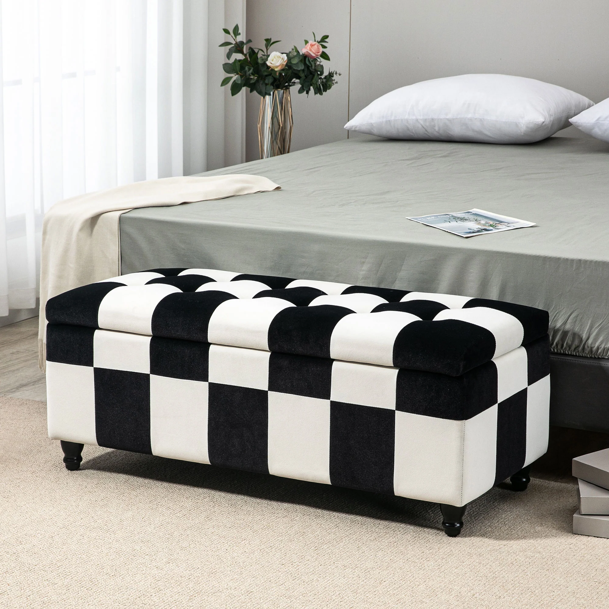 Velvet Storage Ottoman, Button-tufted Footstool Box with Lid, 114 x 47 x 47cm, White and Black - Image 4
