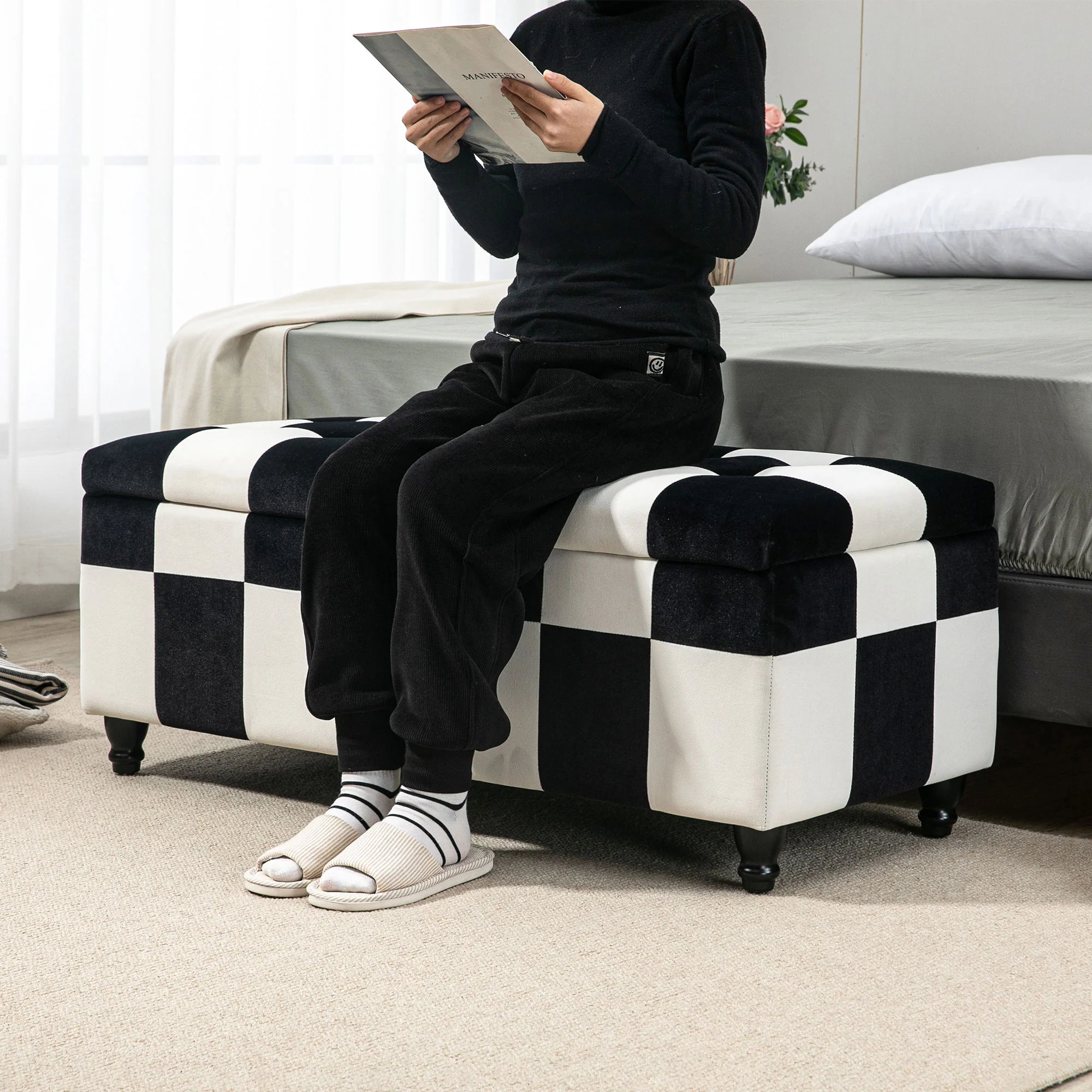 Velvet Storage Ottoman, Button-tufted Footstool Box with Lid, 114 x 47 x 47cm, White and Black - Image 9