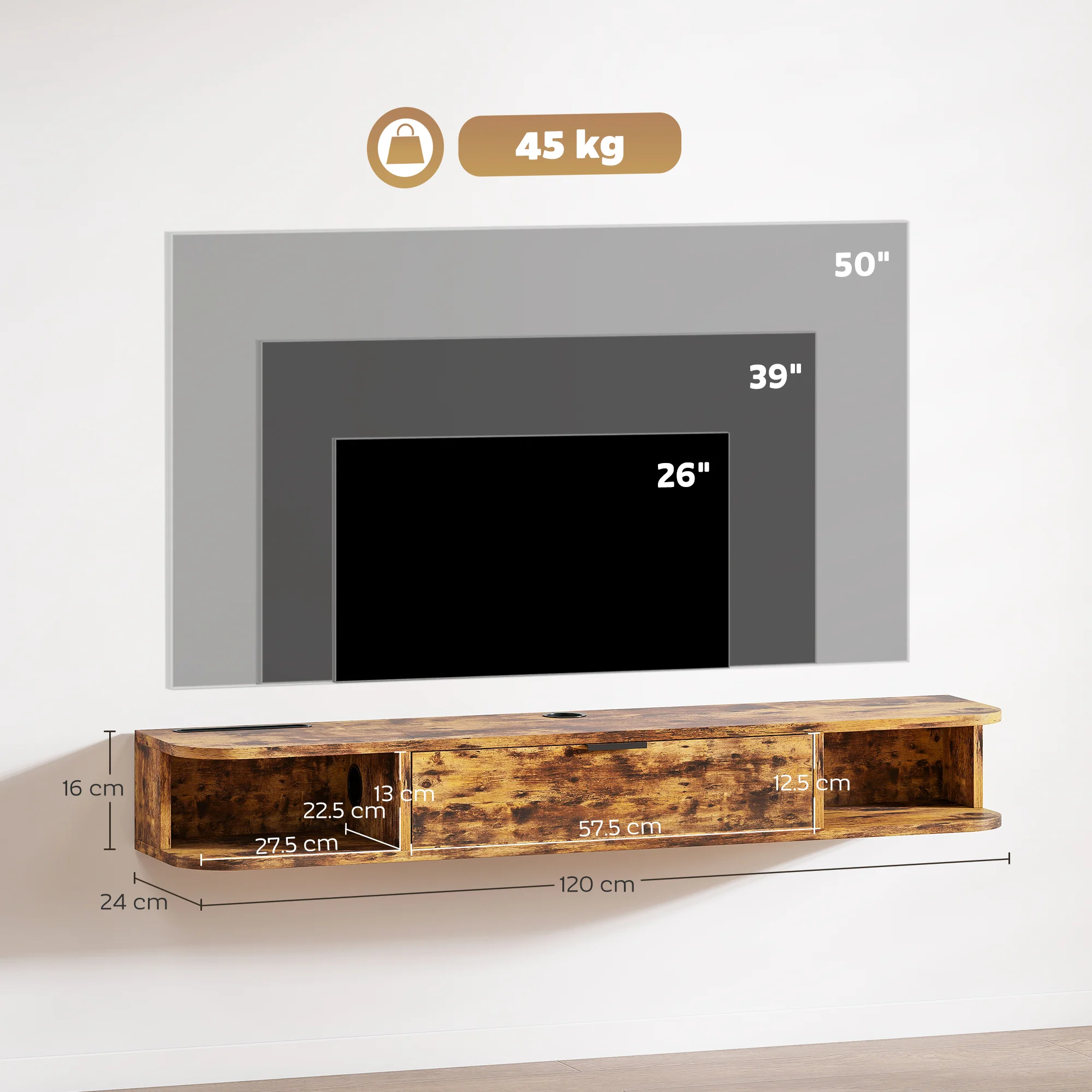 120 cm Floating TV Unit, Wall Mounted TV Stand Cabinet with Flip Drawer, 2 Open Shelves and Cable Management, Modern Media Console for Living Room, Holds Television up to 50 Inch, Rustic Brown - Image 5