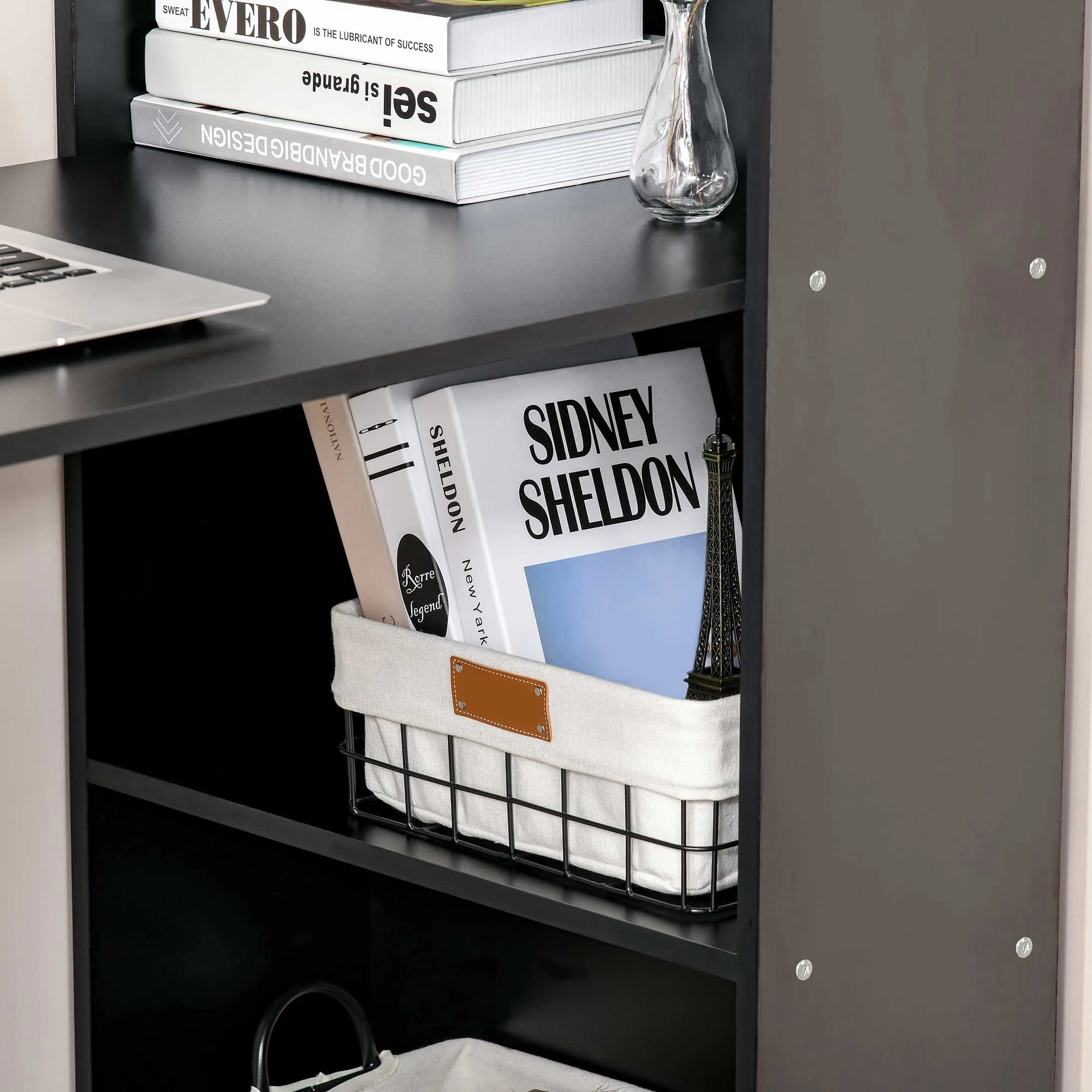 120cm Modern Computer Desk Bookshelf, Study Table Workstation with 6 Shelves, Black - Image 10