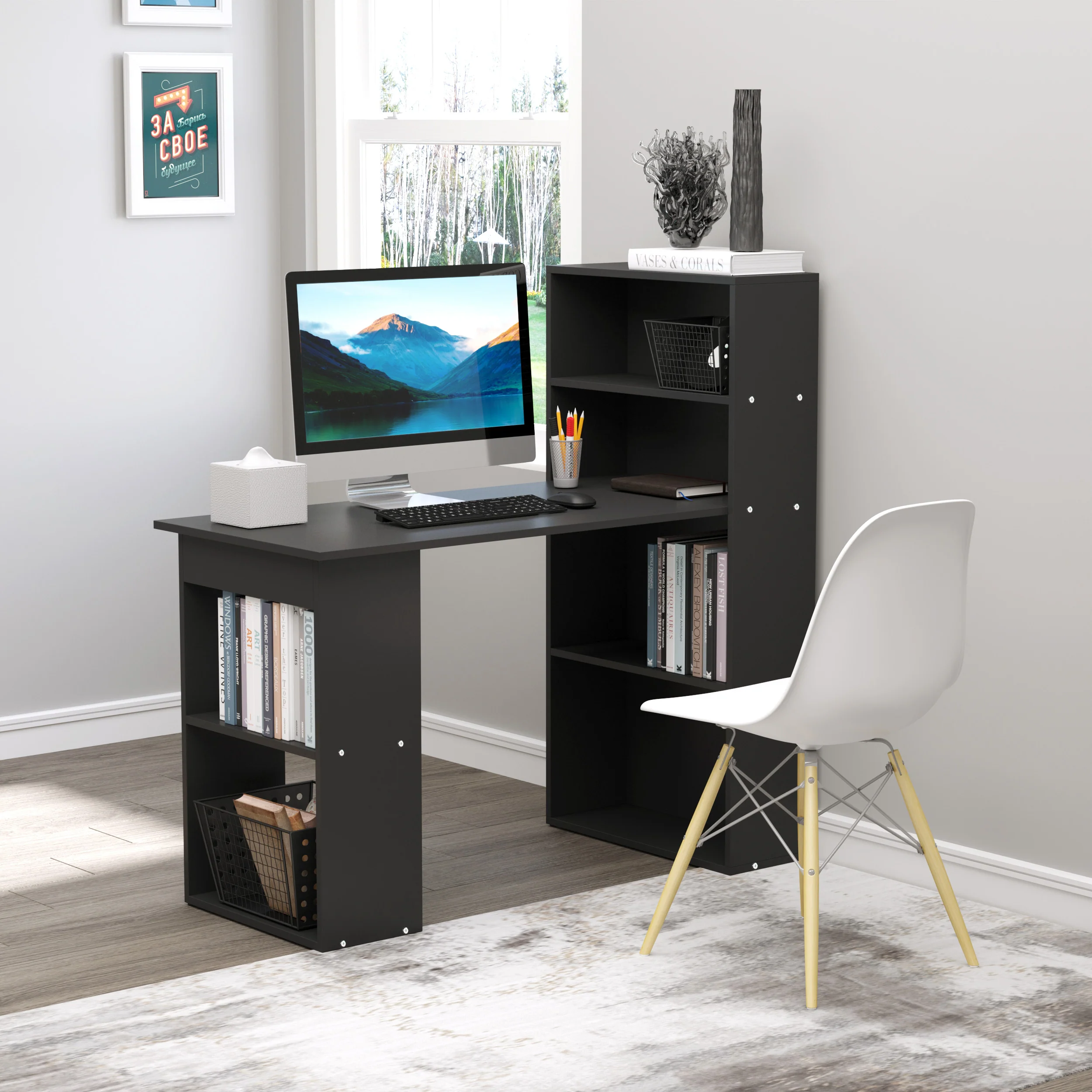 120cm Modern Computer Desk Bookshelf, Study Table Workstation with 6 Shelves, Black - Image 3