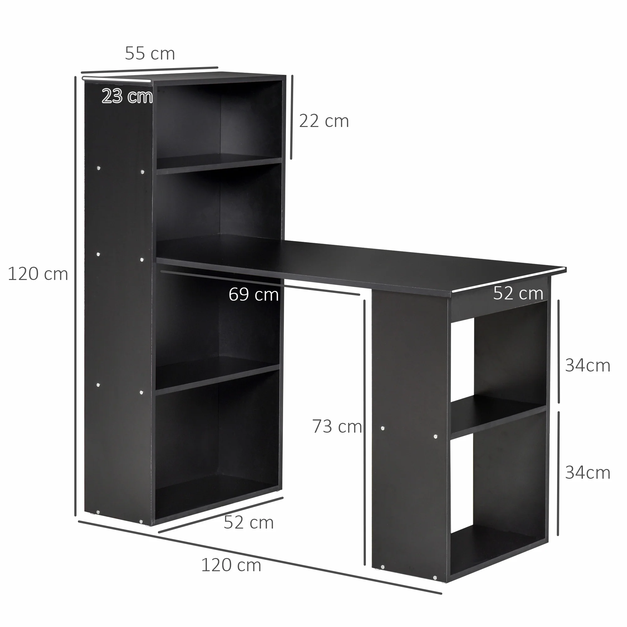 120cm Modern Computer Desk Bookshelf, Study Table Workstation with 6 Shelves, Black - Image 5