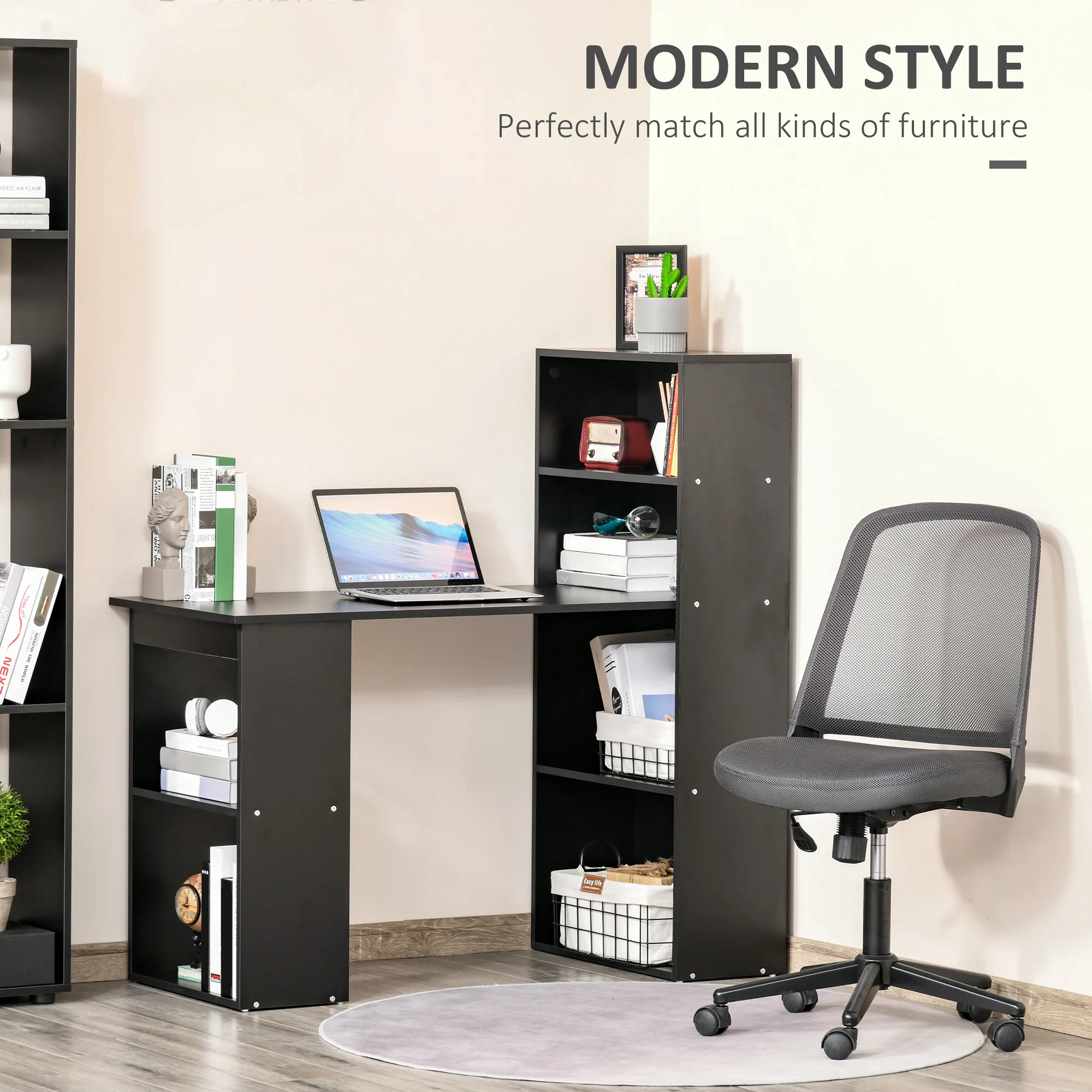 120cm Modern Computer Desk Bookshelf, Study Table Workstation with 6 Shelves, Black - Image 6