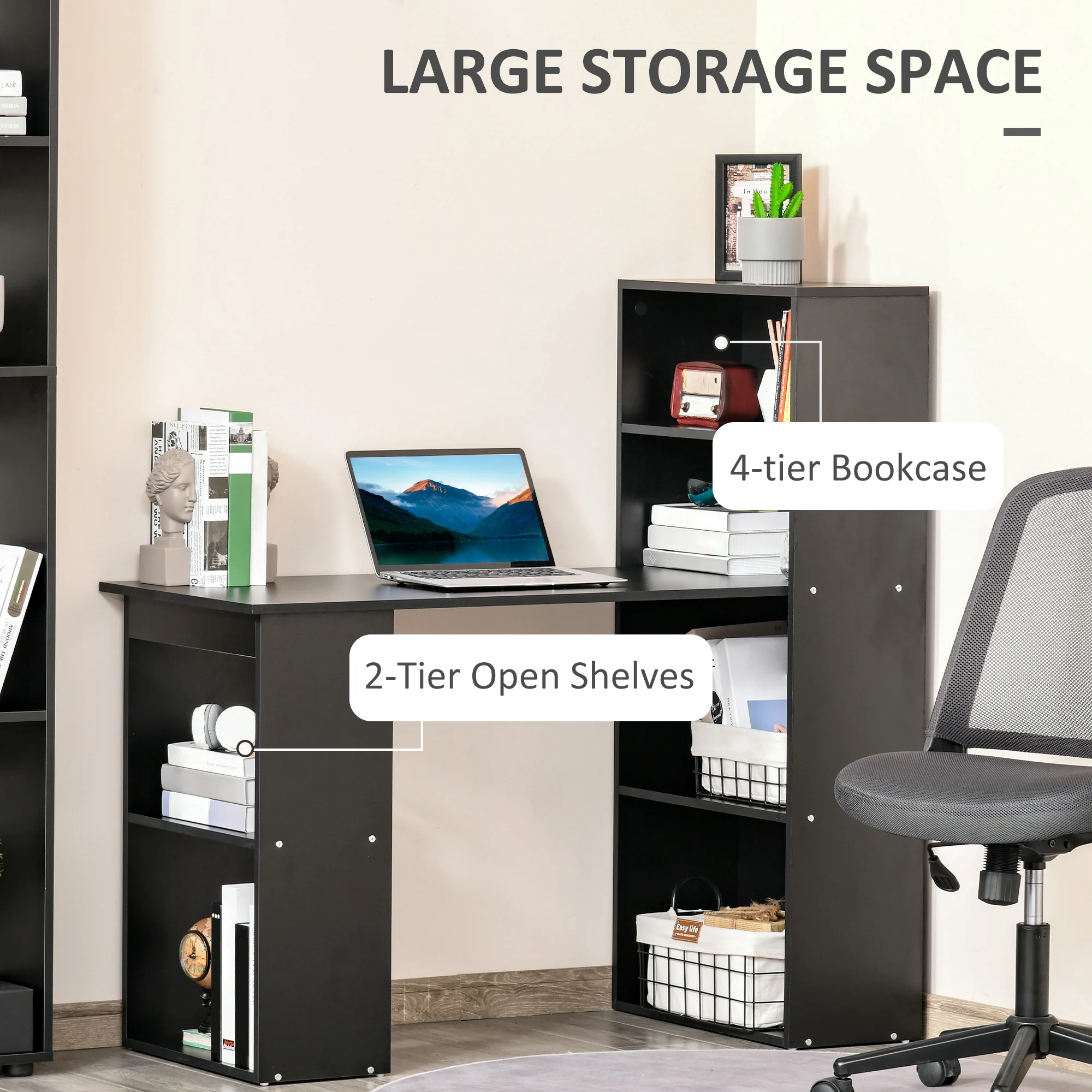 120cm Modern Computer Desk Bookshelf, Study Table Workstation with 6 Shelves, Black - Image 7