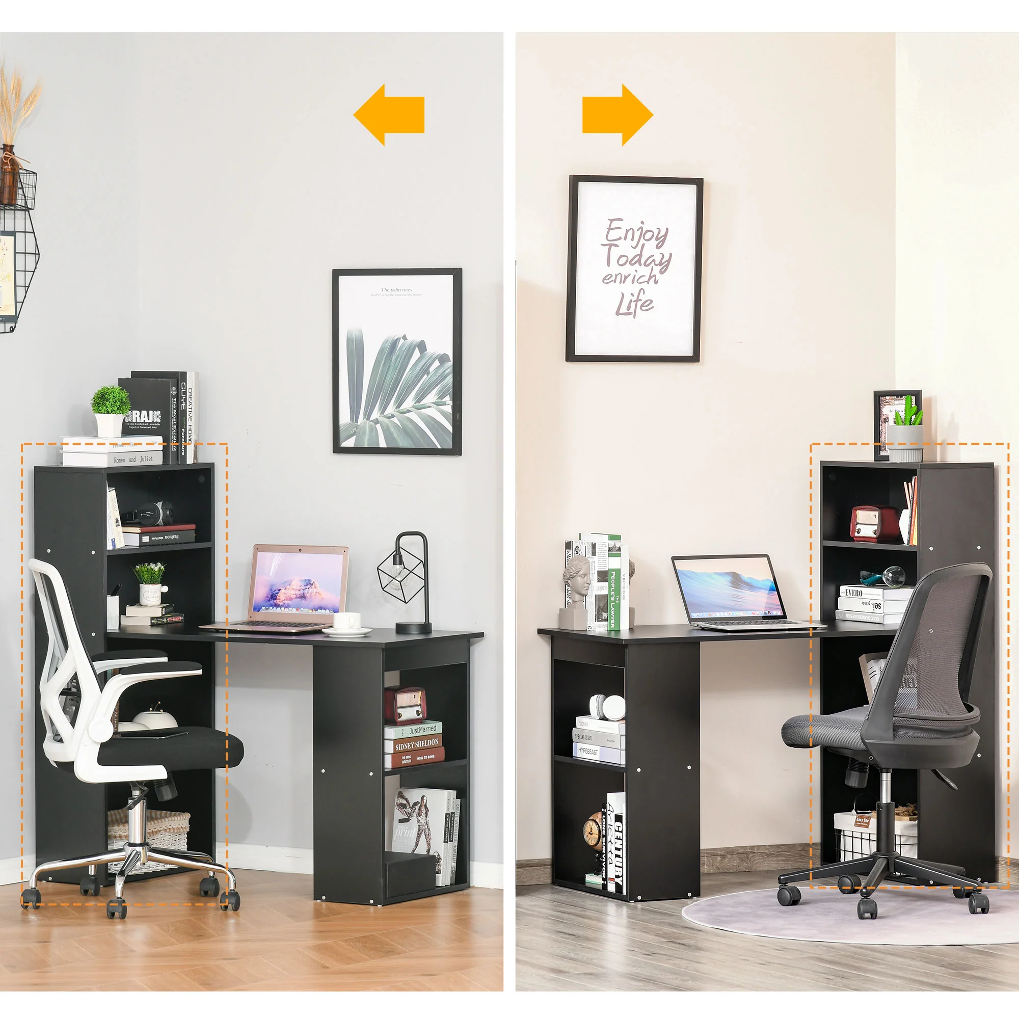 120cm Modern Computer Desk Bookshelf, Study Table Workstation with 6 Shelves, Black - Image 9