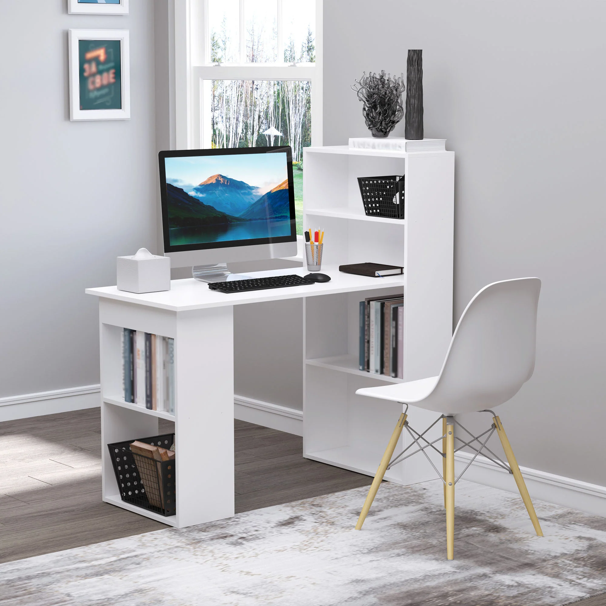 120cm Modern Computer Desk Bookshelf, Study Table Workstation with 6 Shelves, White - Image 3