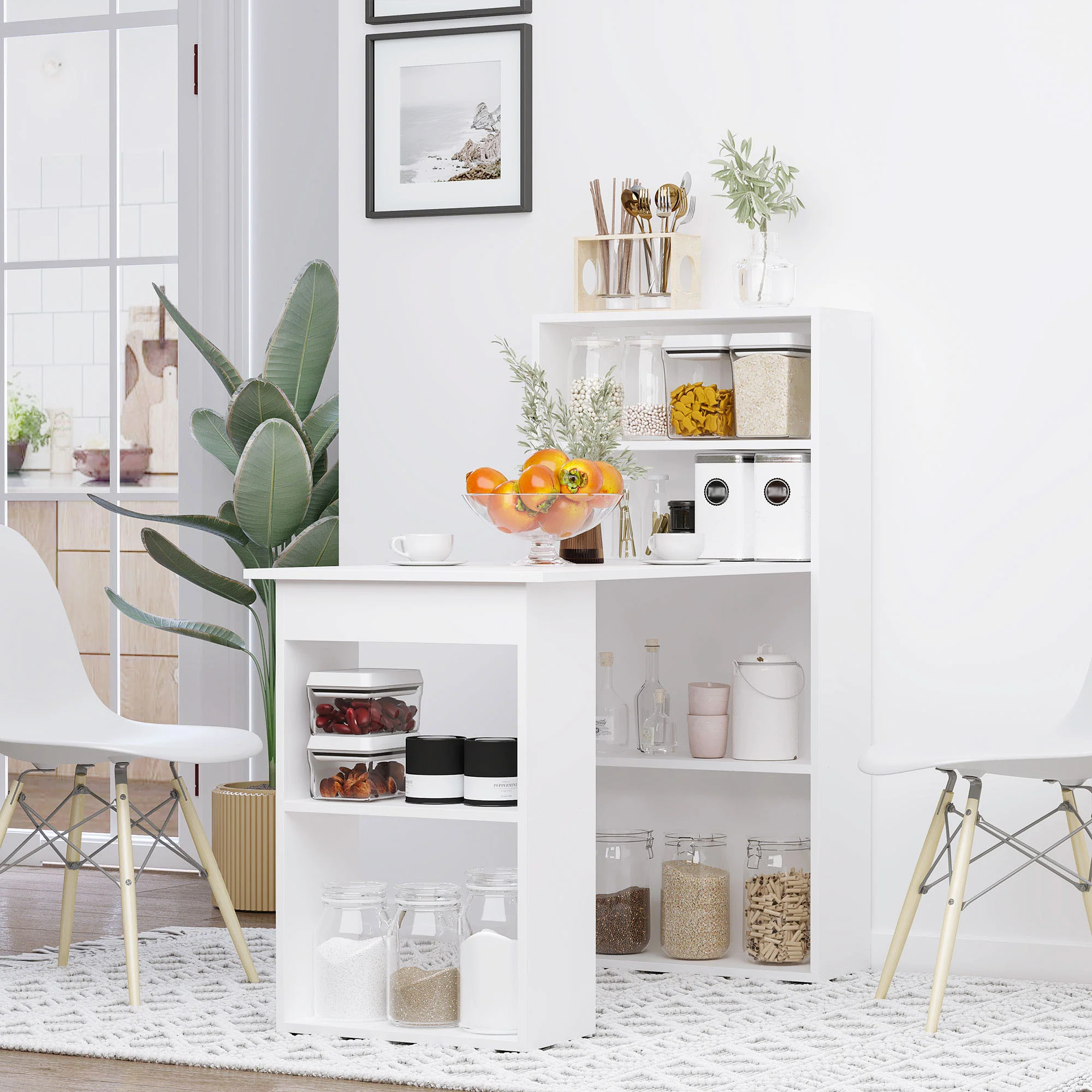 120cm Modern Computer Desk Bookshelf, Study Table Workstation with 6 Shelves, White - Image 4