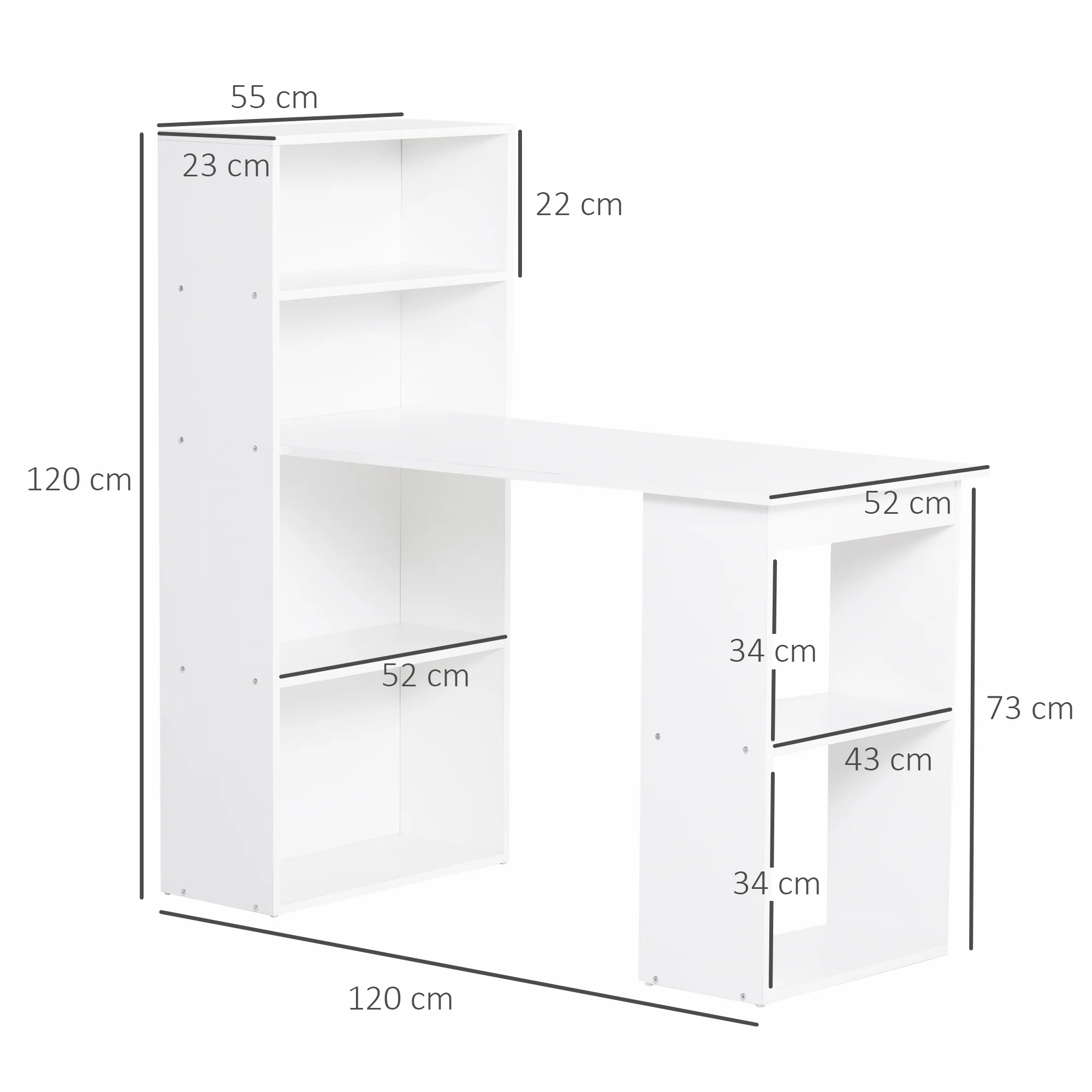 120cm Modern Computer Desk Bookshelf, Study Table Workstation with 6 Shelves, White - Image 5