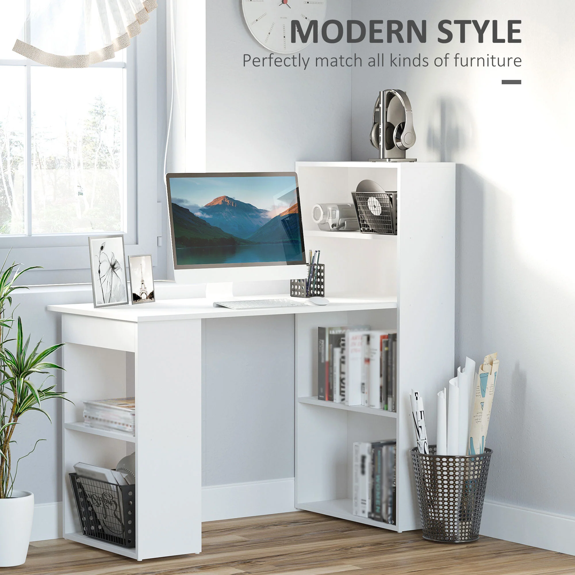 120cm Modern Computer Desk Bookshelf, Study Table Workstation with 6 Shelves, White - Image 6