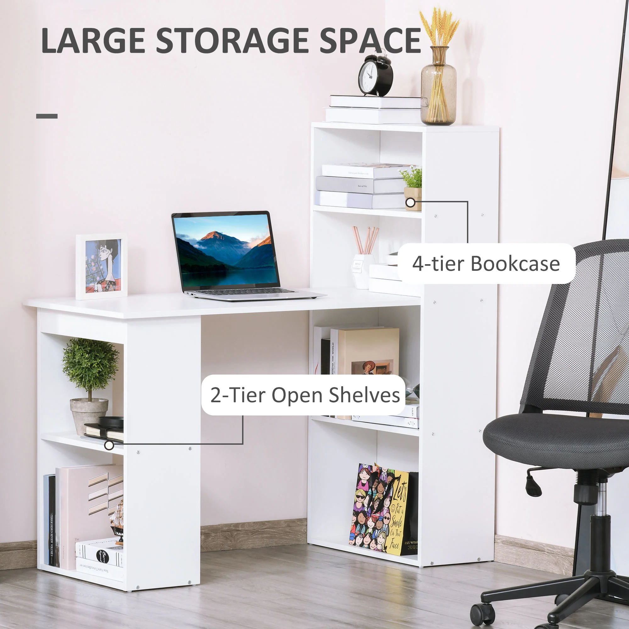 120cm Modern Computer Desk Bookshelf, Study Table Workstation with 6 Shelves, White - Image 7