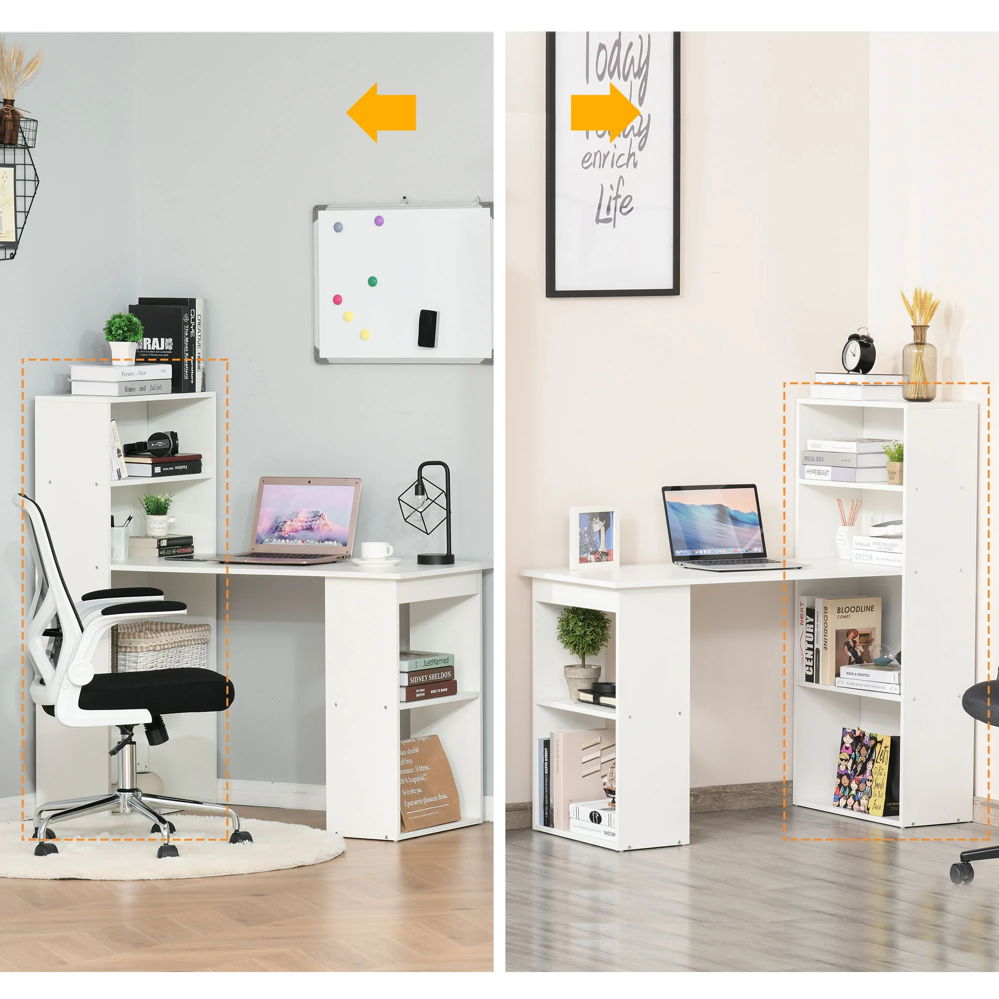 120cm Modern Computer Desk Bookshelf, Study Table Workstation with 6 Shelves, White - Image 9