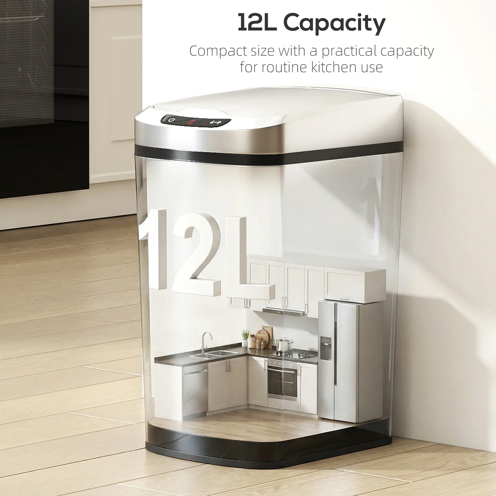 Automatic 12L Touchless Motion Sensor Bin, Compact Trash Can for Kitchen, Silver - Image 7