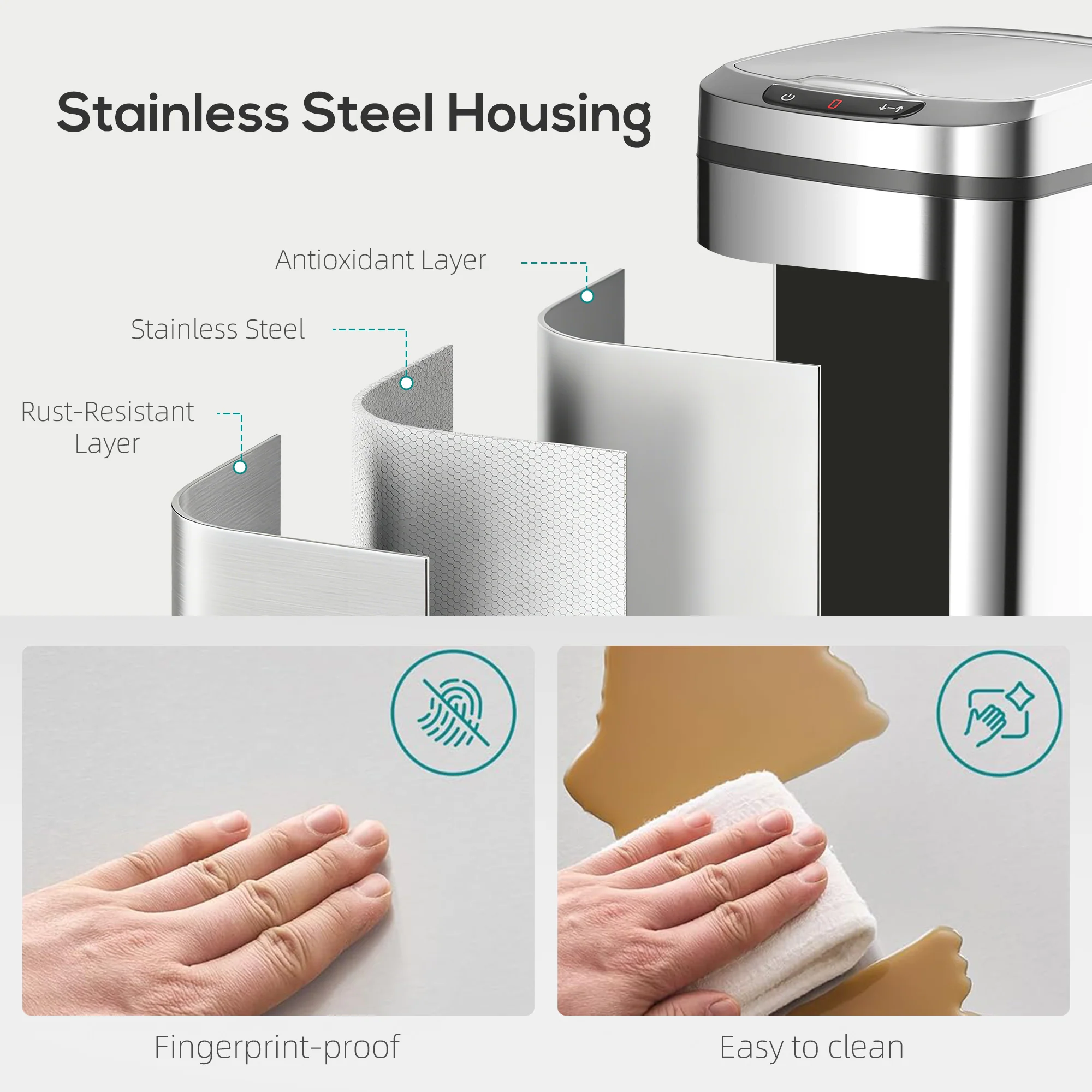 Automatic 12L Touchless Motion Sensor Bin, Compact Trash Can for Kitchen, Silver - Image 9