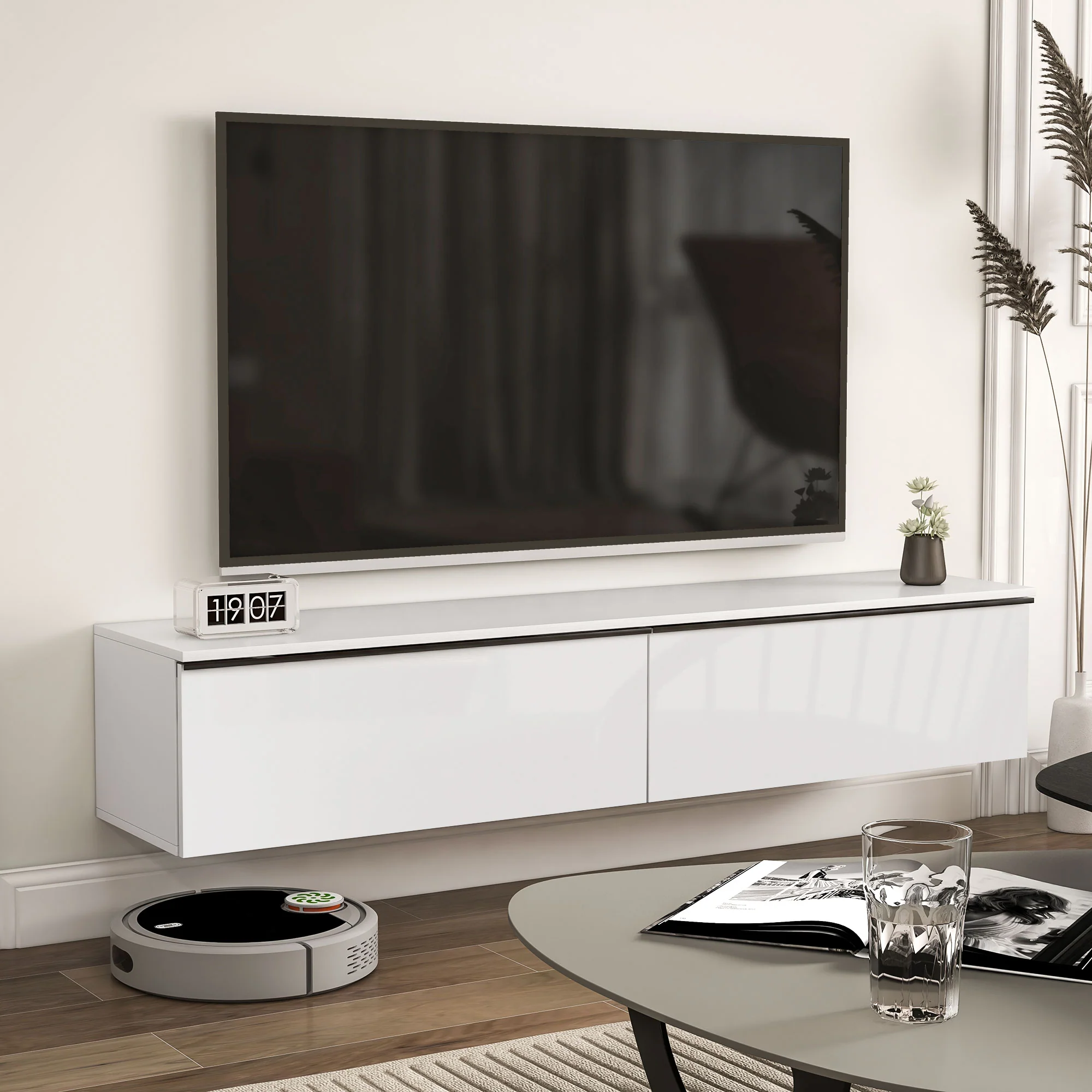 160cm High Gloss Floating TV Unit Stand for TVs up to 70" with Storage Cupboards, White - Image 10