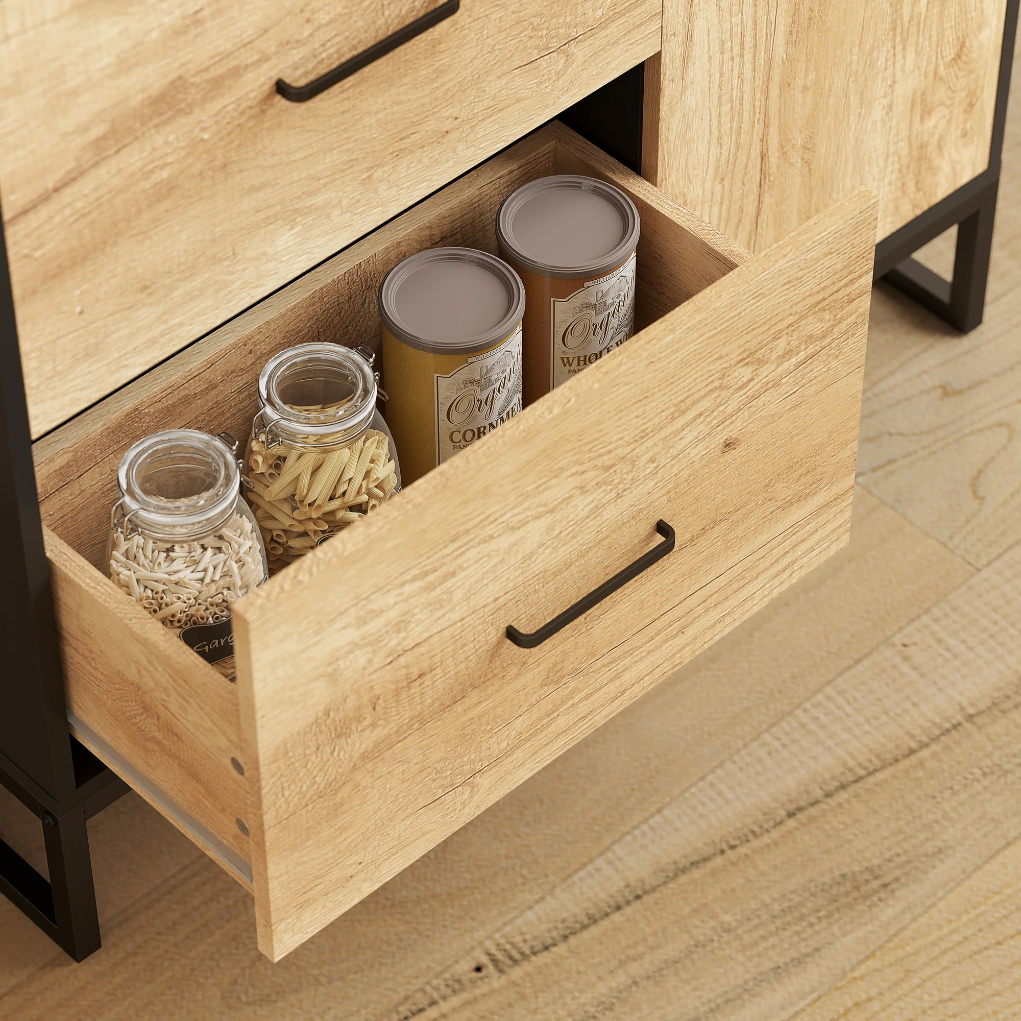 160cm Tall Kitchen Cupboard, Kitchen Pantry Sideboard with 2 Open Shelves, 2 Drawers, Adjustable Shelves and Soft Close Door, Storage Cabinet for Living Room, Dinning Room, Natural Wood Finish - Image 11