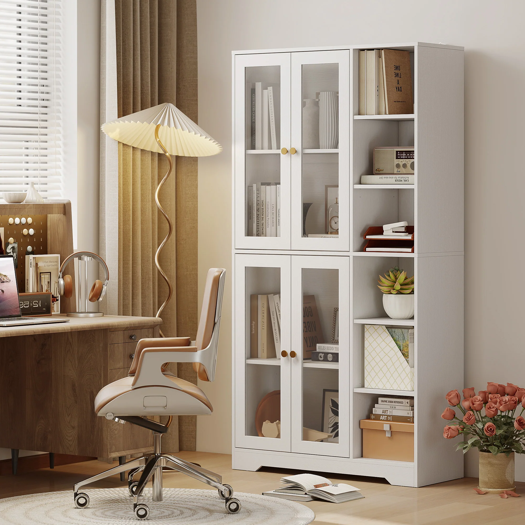 172 cm Tall Kitchen Cupboard, Pantry Storage Cabinet with Tempered Glass Doors and Soft-Close Hinges, Freestanding Kitchen Cabinet with Adjustable Shelves and 6 Open Shelves, White - Image 11