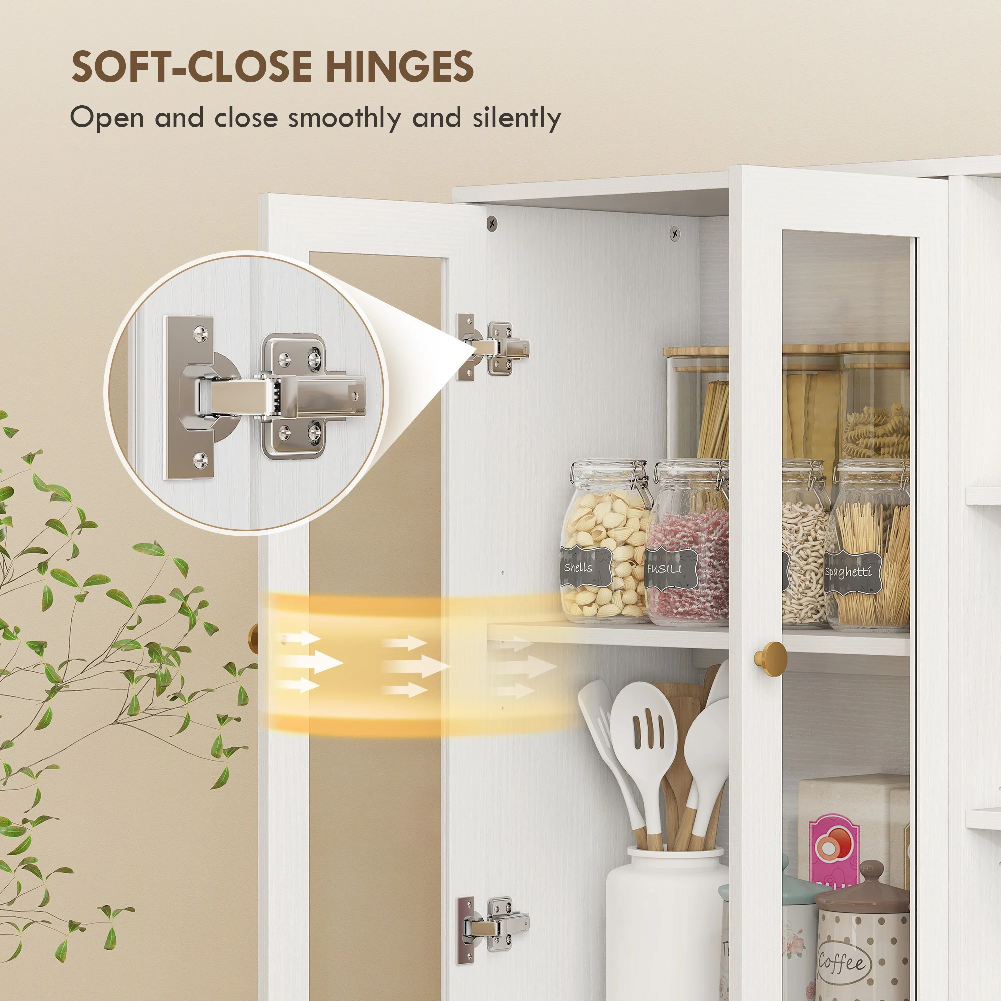 172 cm Tall Kitchen Cupboard, Pantry Storage Cabinet with Tempered Glass Doors and Soft-Close Hinges, Freestanding Kitchen Cabinet with Adjustable Shelves and 6 Open Shelves, White - Image 8
