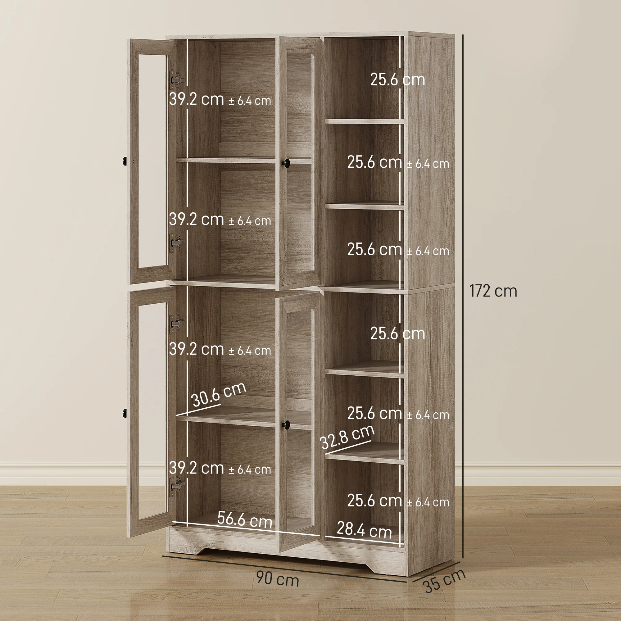 172 cm Tall Kitchen Cupboard, Pantry Storage Cabinet with Tempered Glass Doors and Soft-Close Hinges, Freestanding Kitchen Cabinet with Adjustable Shelves and 6 Open Shelves, Light Grey - Image 5