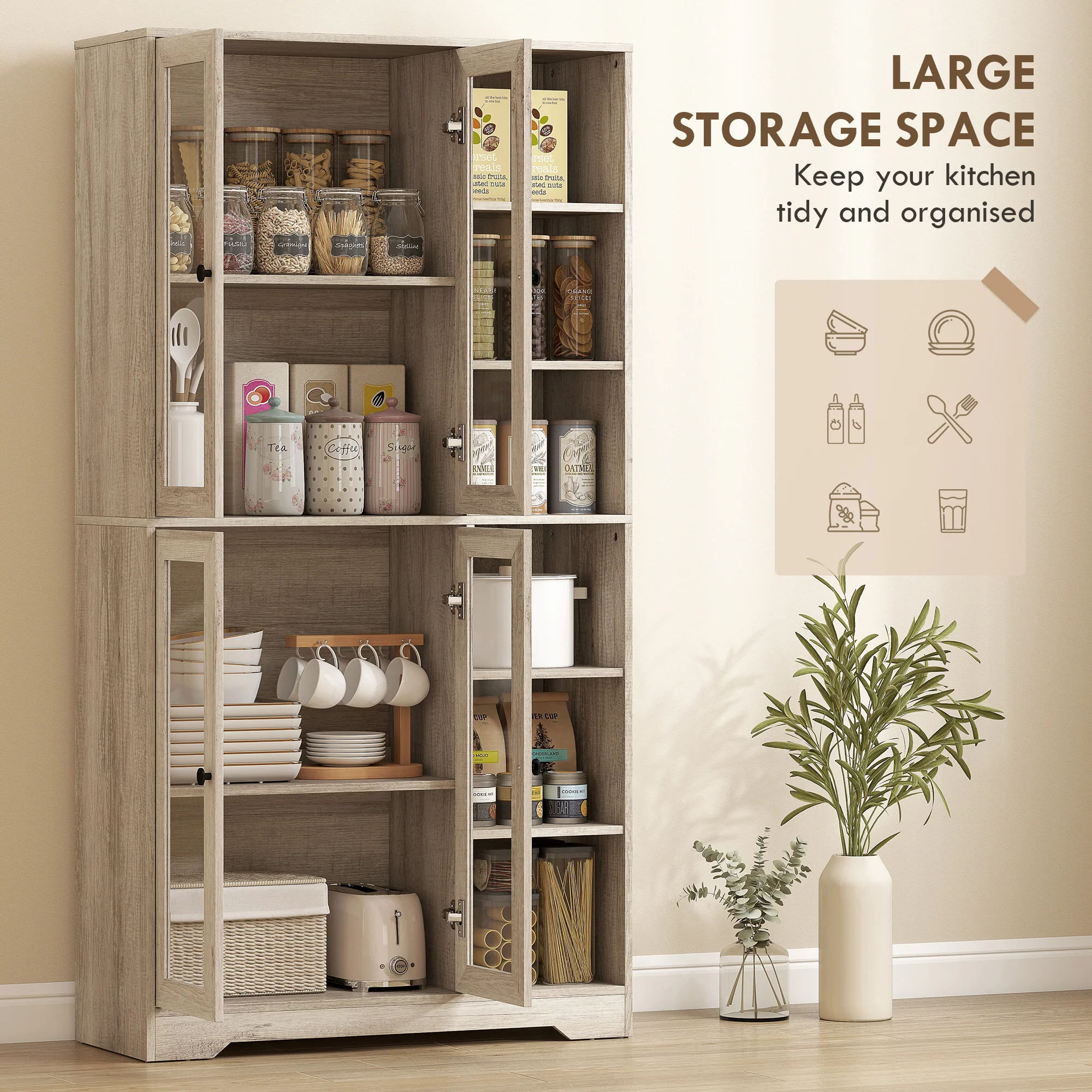 172 cm Tall Kitchen Cupboard, Pantry Storage Cabinet with Tempered Glass Doors and Soft-Close Hinges, Freestanding Kitchen Cabinet with Adjustable Shelves and 6 Open Shelves, Light Grey - Image 6