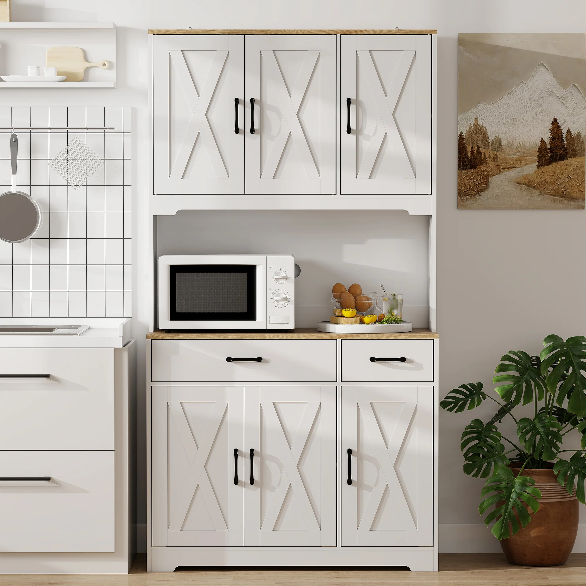 175 cm Tall Kitchen Pantry Cabinet with Microwave Stand, Farmhouse Kitchen Hutch, Freestanding Pantry Cupboard with 2 Drawers, 2 Adjustable Shelves and Cable Management, White - Image 9
