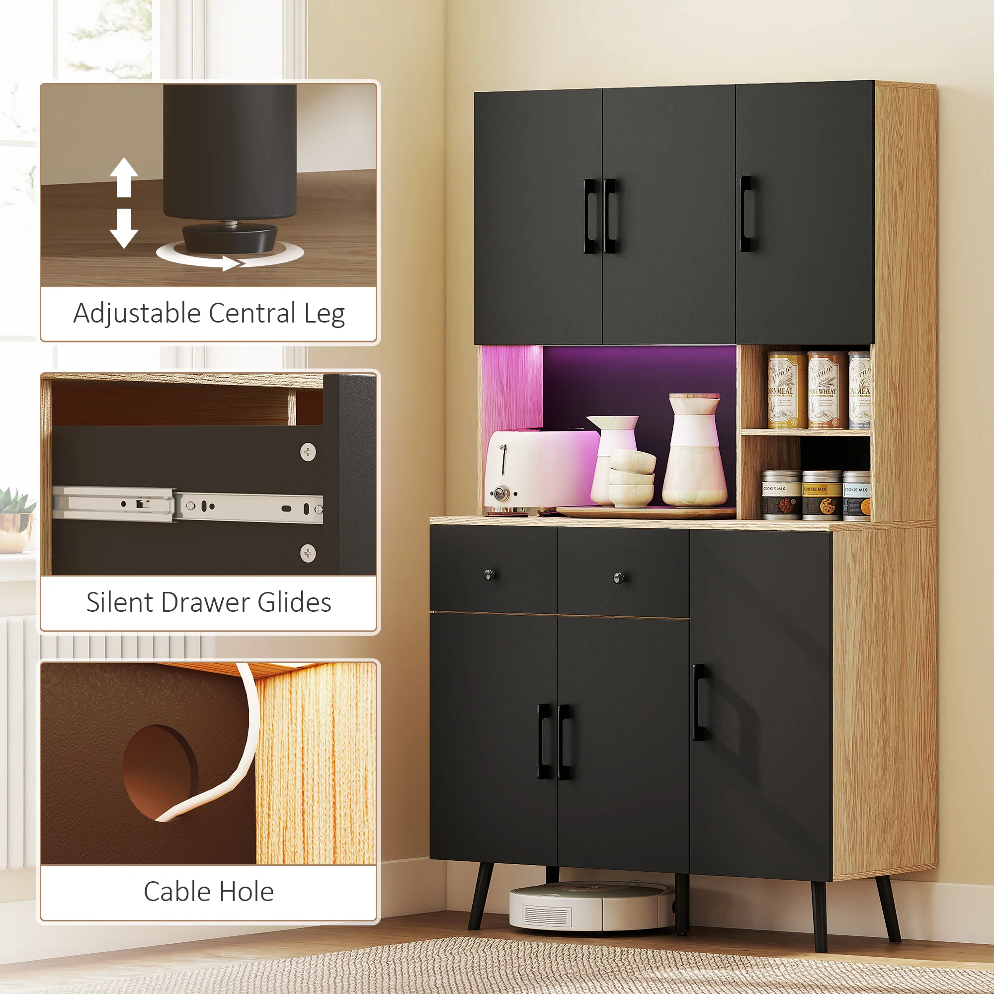 176 cm Tall Kitchen Cupboard with RGB LED Lights, Freestanding 6-Door Kitchen Storage Cabinet with 2 Drawers, Adjustable Shelves, Open Countertop and Cable Hole, Oak and Black - Image 10