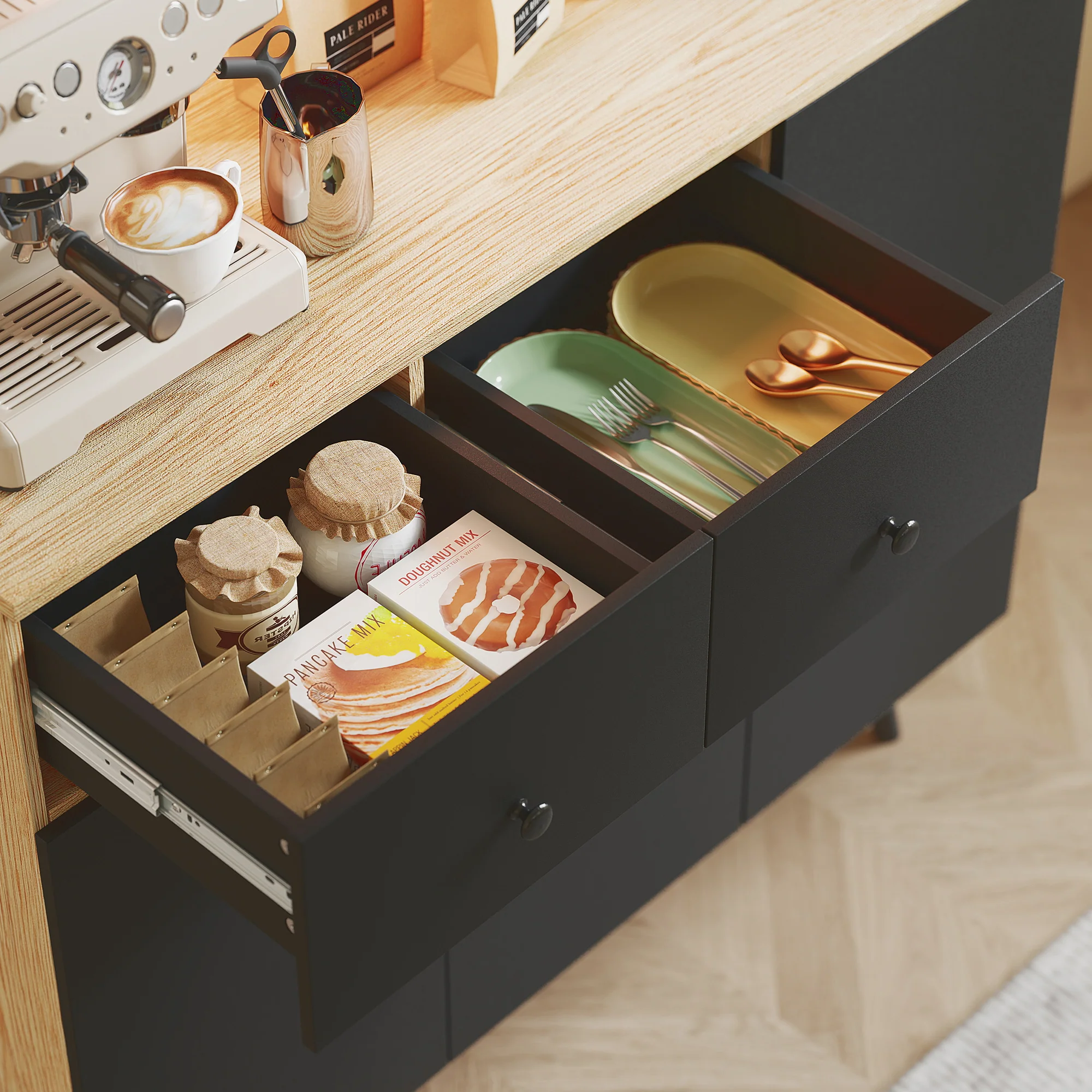 176 cm Tall Kitchen Cupboard with RGB LED Lights, Freestanding 6-Door Kitchen Storage Cabinet with 2 Drawers, Adjustable Shelves, Open Countertop and Cable Hole, Oak and Black - Image 11