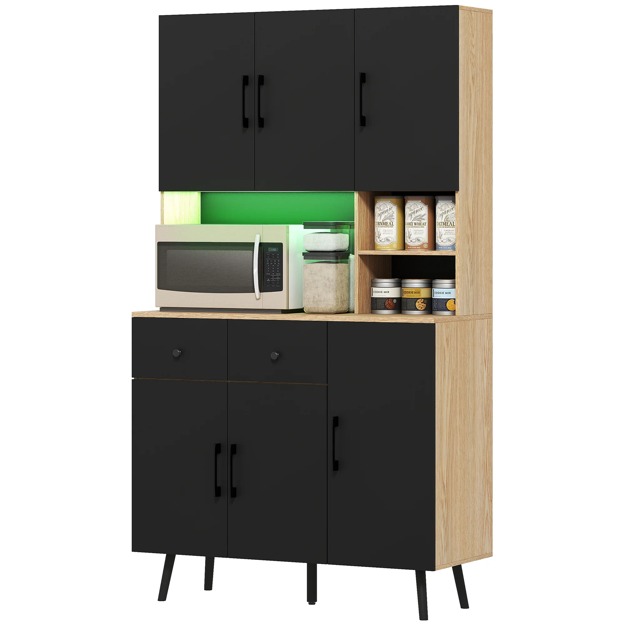 176 cm Tall Kitchen Cupboard with RGB LED Lights, Freestanding 6-Door Kitchen Storage Cabinet with 2 Drawers, Adjustable Shelves, Open Countertop and Cable Hole, Oak and Black - Image 2