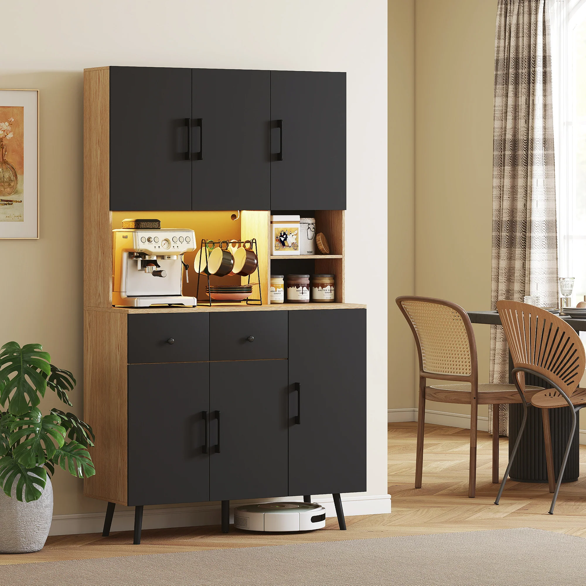 176 cm Tall Kitchen Cupboard with RGB LED Lights, Freestanding 6-Door Kitchen Storage Cabinet with 2 Drawers, Adjustable Shelves, Open Countertop and Cable Hole, Oak and Black - Image 3