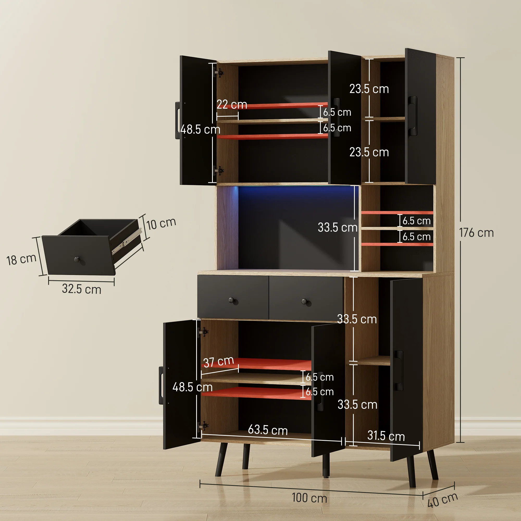 176 cm Tall Kitchen Cupboard with RGB LED Lights, Freestanding 6-Door Kitchen Storage Cabinet with 2 Drawers, Adjustable Shelves, Open Countertop and Cable Hole, Oak and Black - Image 5