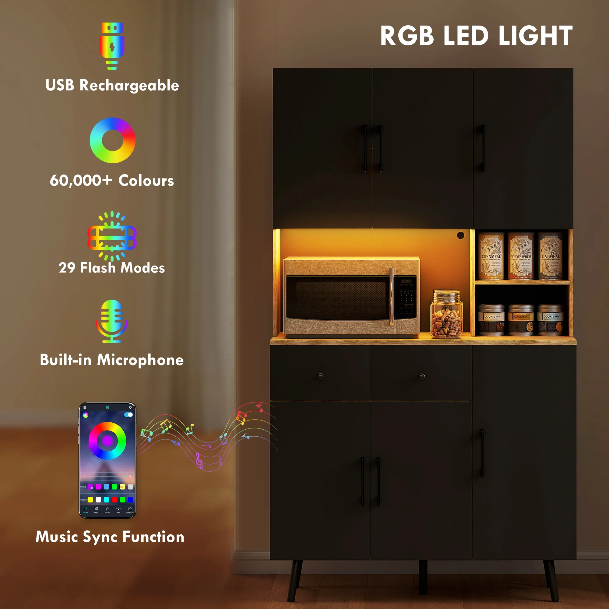 176 cm Tall Kitchen Cupboard with RGB LED Lights, Freestanding 6-Door Kitchen Storage Cabinet with 2 Drawers, Adjustable Shelves, Open Countertop and Cable Hole, Oak and Black - Image 6