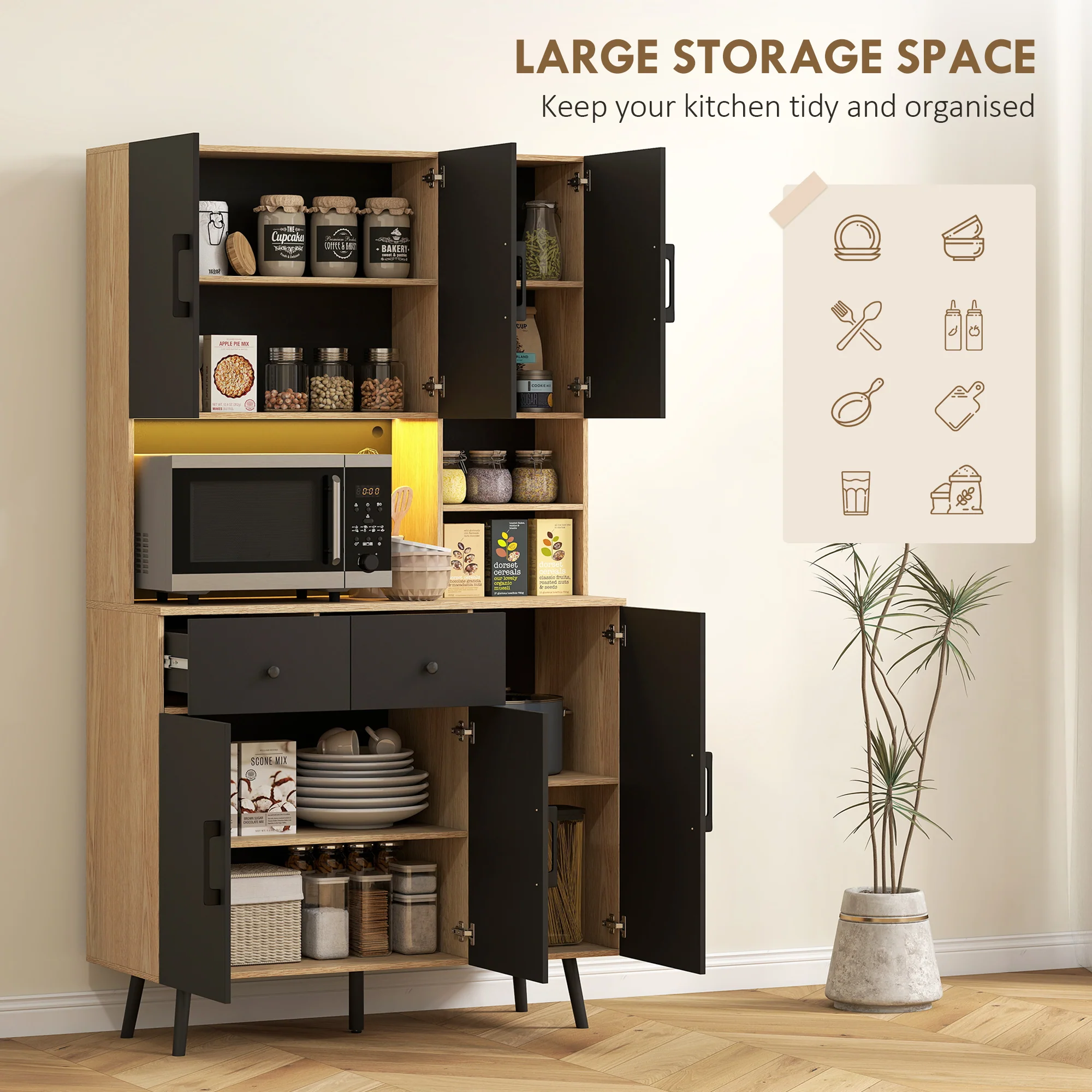 176 cm Tall Kitchen Cupboard with RGB LED Lights, Freestanding 6-Door Kitchen Storage Cabinet with 2 Drawers, Adjustable Shelves, Open Countertop and Cable Hole, Oak and Black - Image 7