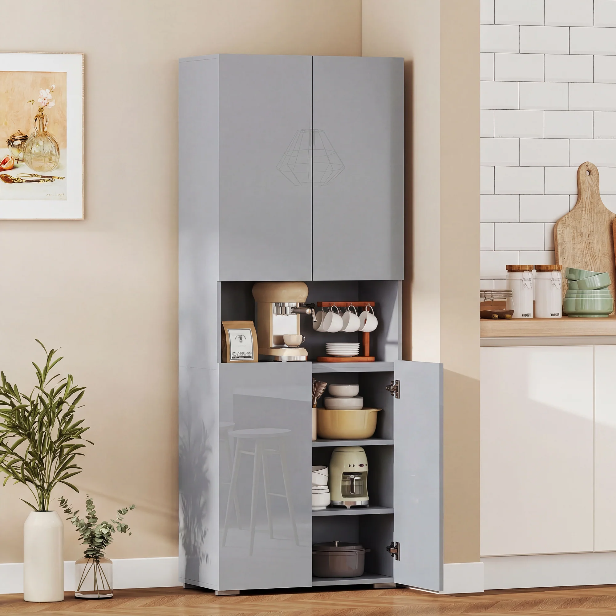 180 cm Tall Kitchen Cupboard, Pantry Storage Cabinet with Soft Close Doors and Adjustable Shelves, Freestanding Kitchen Cabinet for Dining Room, High Gloss Grey - Image 3