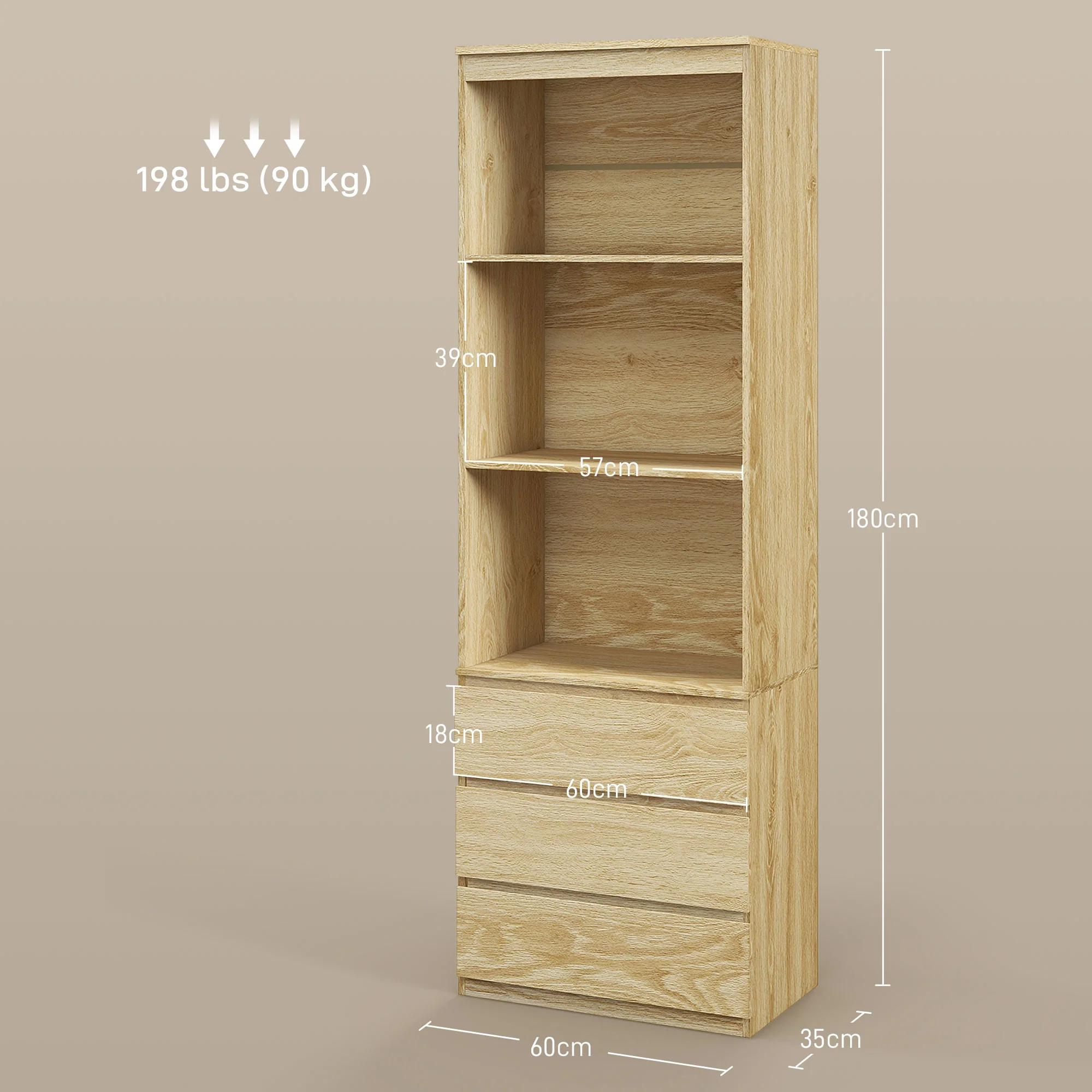 180cm Tall Freestanding Bookshelf with 3 Shelves and 3 Drawers, Oak Wood Effect - Image 5