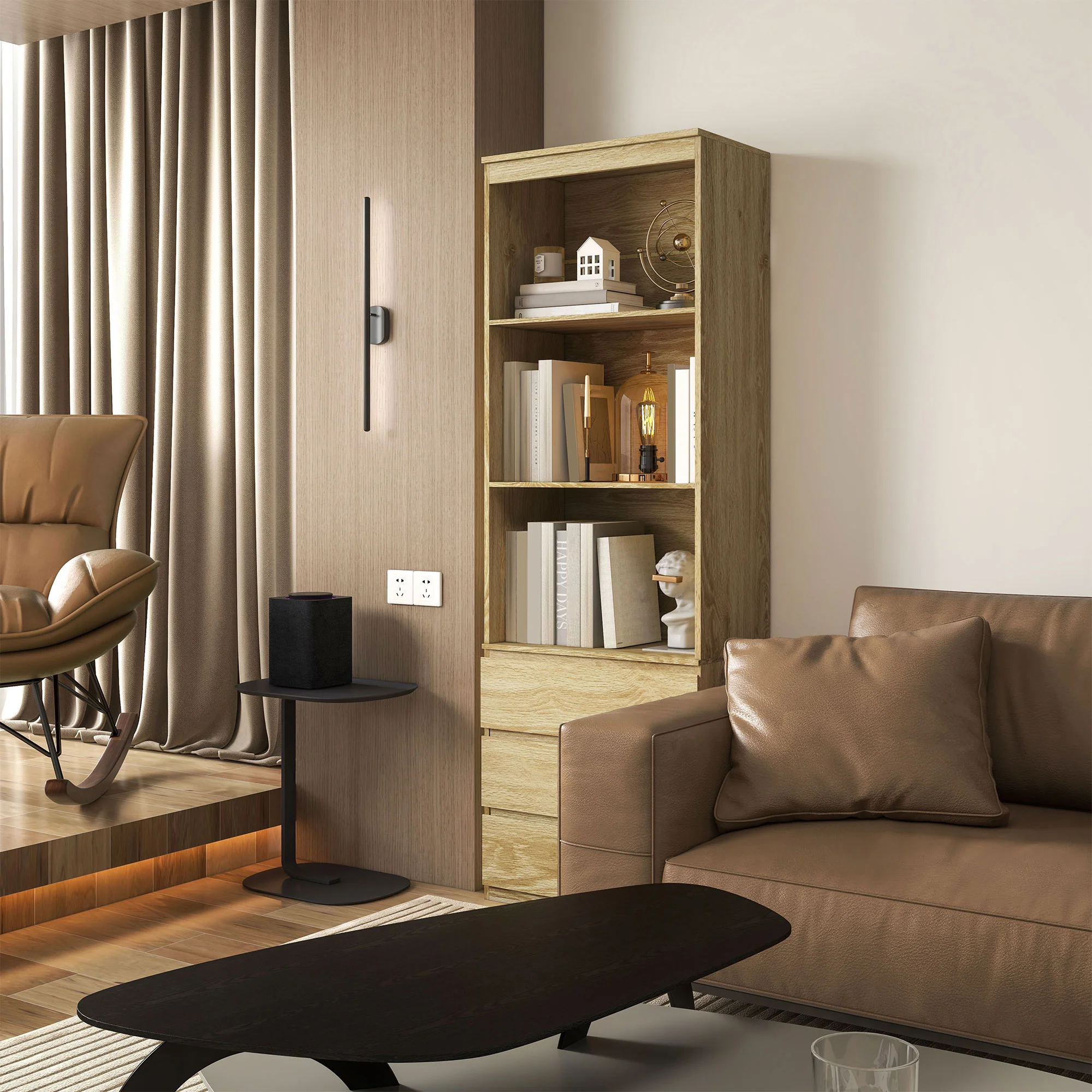 180cm Tall Freestanding Bookshelf with 3 Shelves and 3 Drawers, Oak Wood Effect - Image 9
