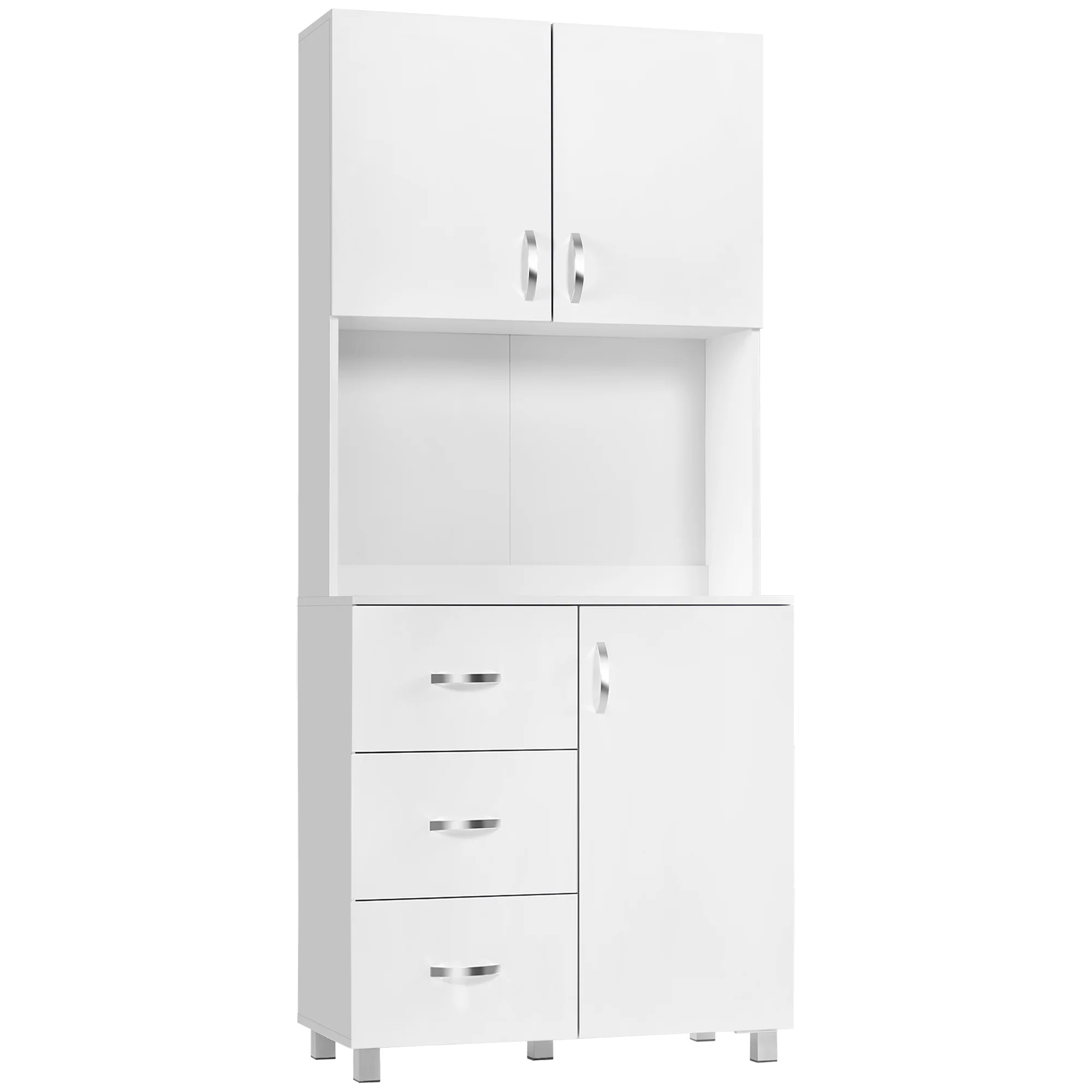 183.5cm Free standing Kitchen Cupboard, Storage Cabinet with Doors and Sheleves, 3 drawers and Open Space, Adjustable Height Storage Unit, White - Image 12