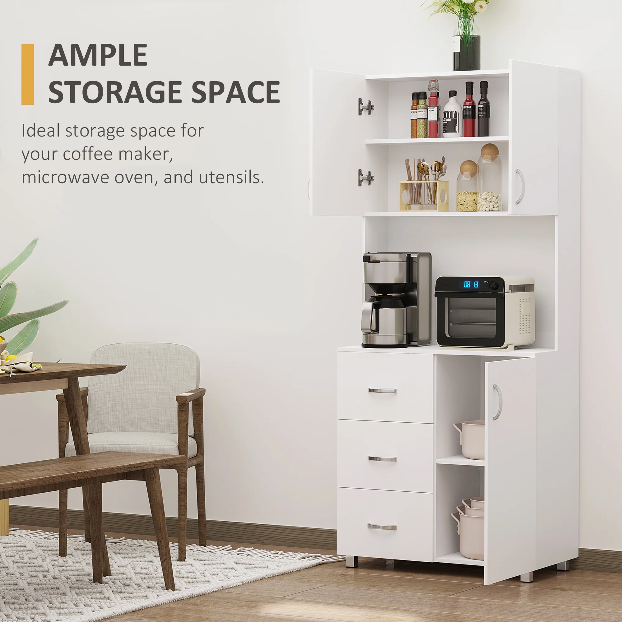 183.5cm Free standing Kitchen Cupboard, Storage Cabinet with Doors and Sheleves, 3 drawers and Open Space, Adjustable Height Storage Unit, White - Image 6