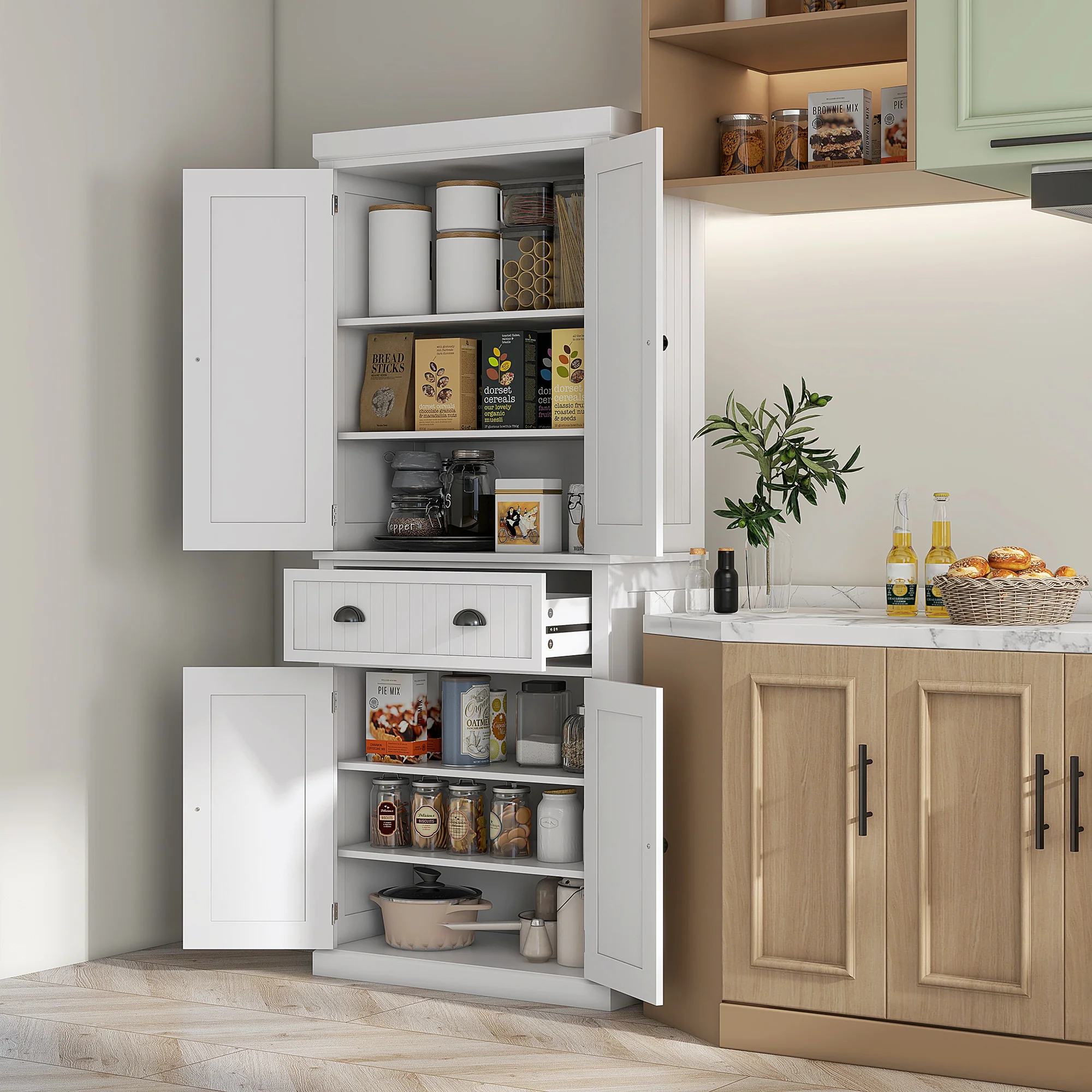 183 cm Tall Kitchen Cabinet, Freestanding Storage Cabinet with 4 Doors, Drawer and Adjustable Shelves, Kitchen Cupboard for Dining Room, White - Image 3