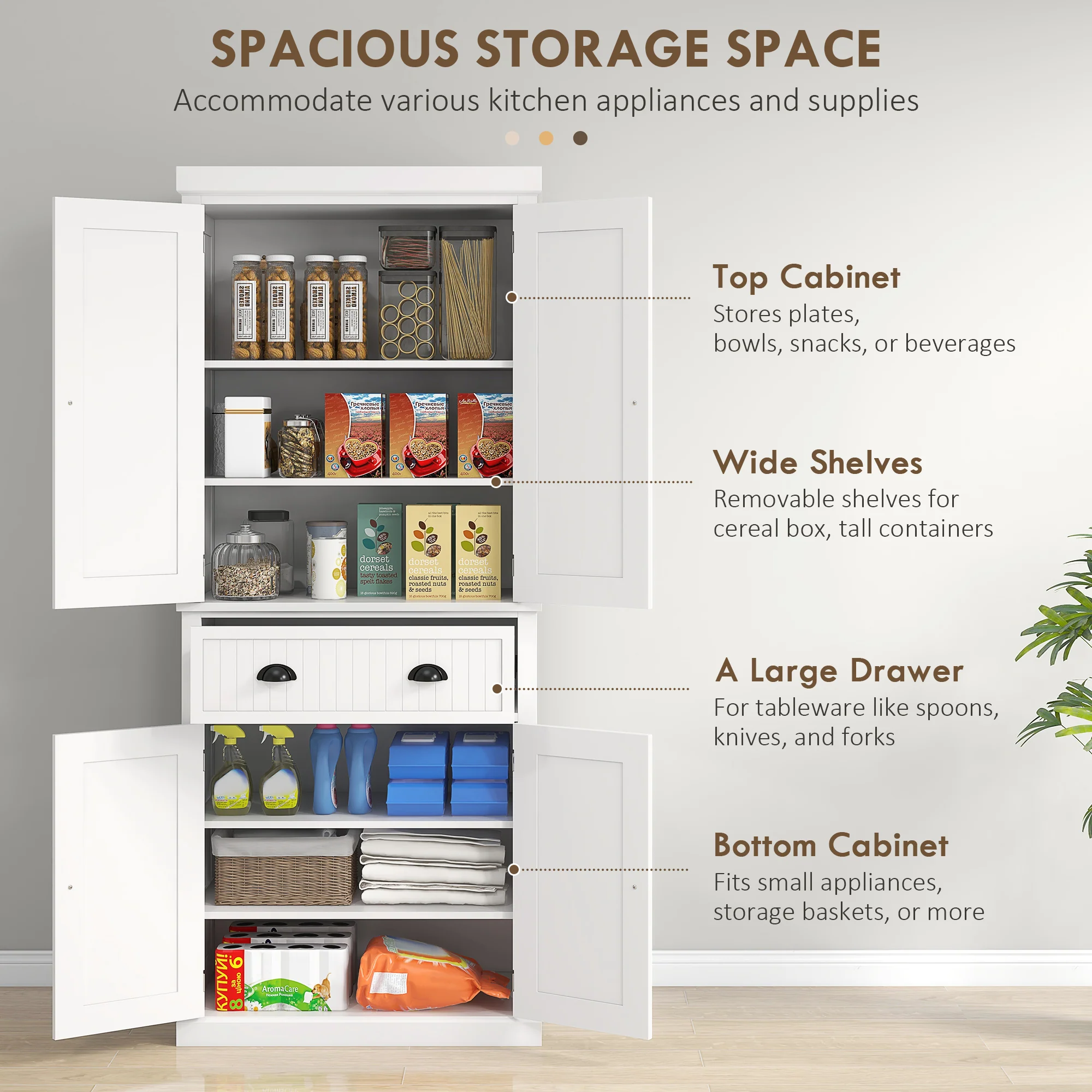 183 cm Tall Kitchen Cabinet, Freestanding Storage Cabinet with 4 Doors, Drawer and Adjustable Shelves, Kitchen Cupboard for Dining Room, White - Image 6