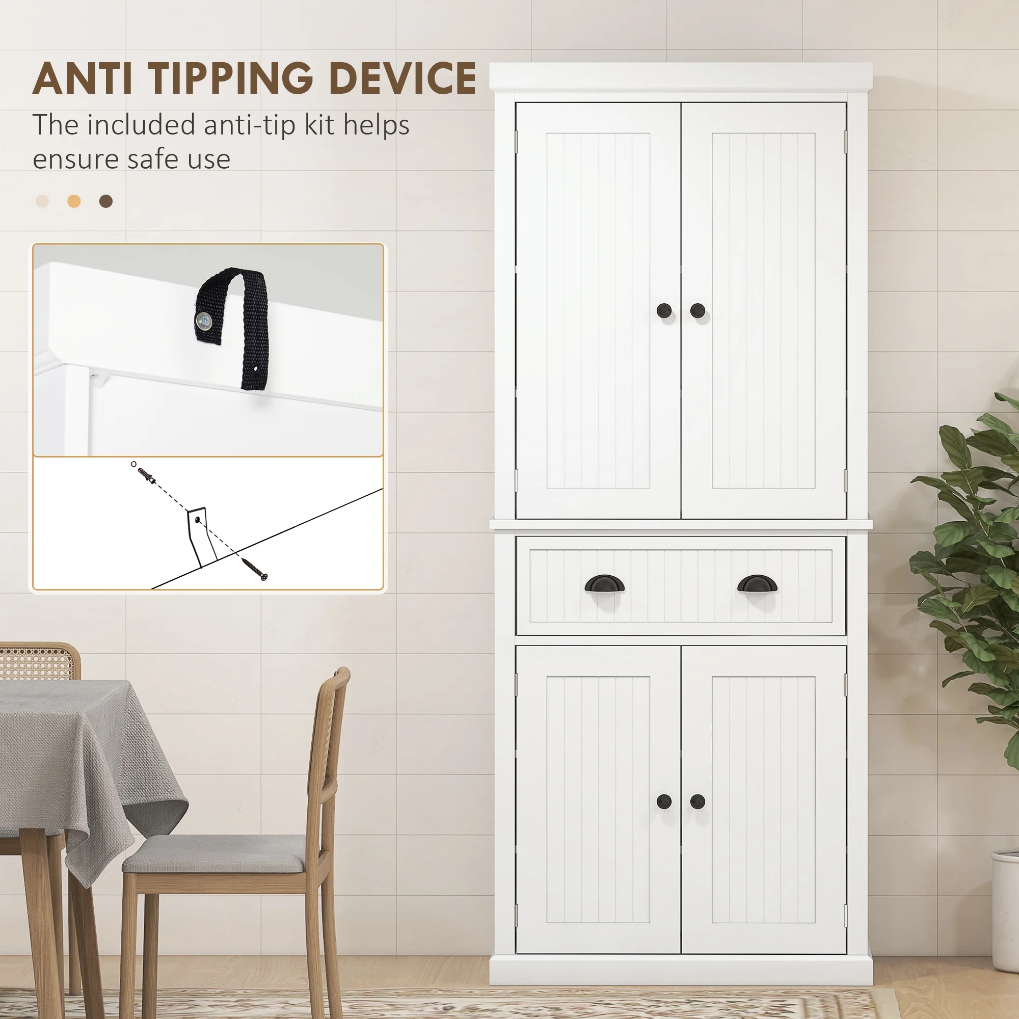 183 cm Tall Kitchen Cabinet, Freestanding Storage Cabinet with 4 Doors, Drawer and Adjustable Shelves, Kitchen Cupboard for Dining Room, White - Image 8